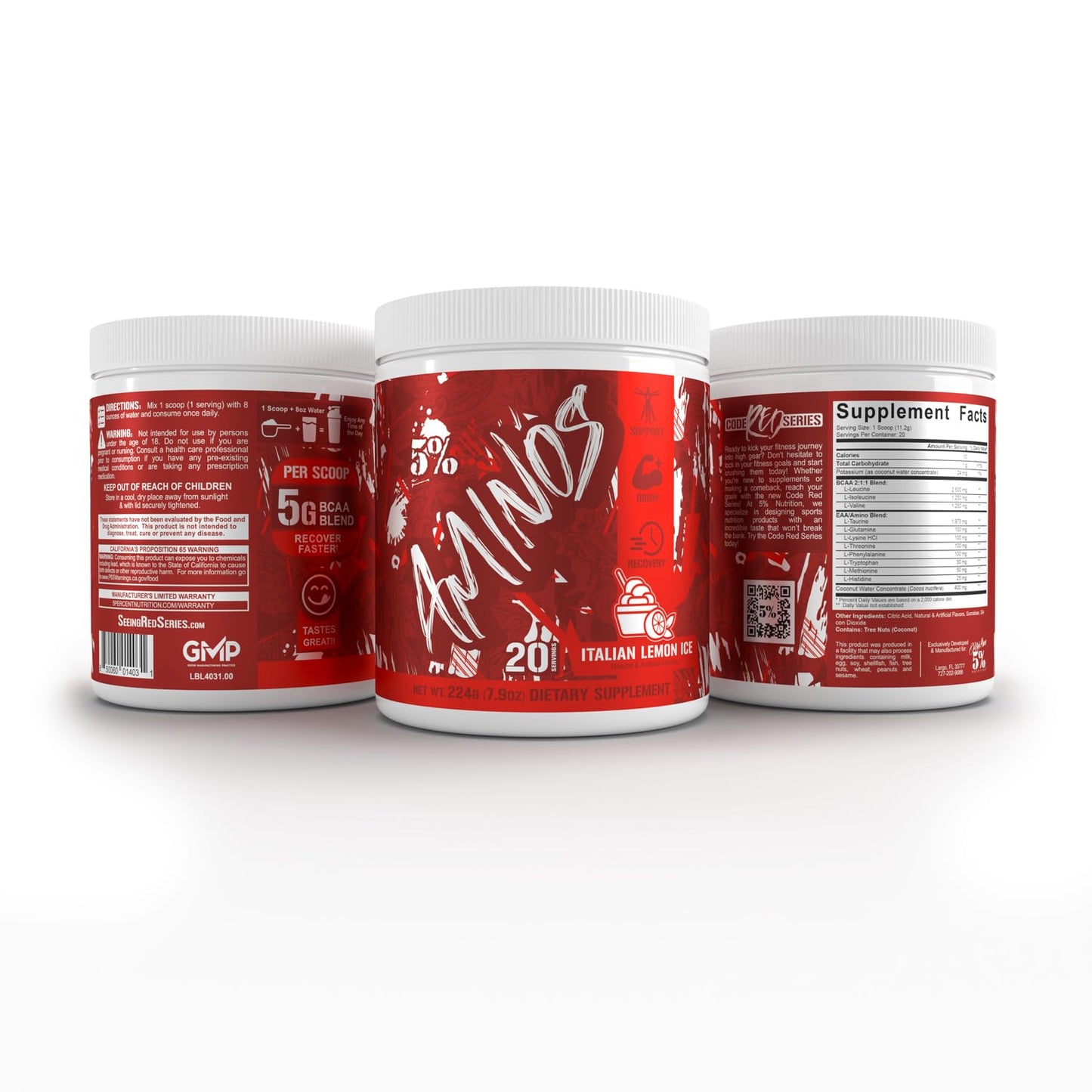 5% Nutrition Code Red Aminos BCAA & EAA Post Workout Recovery Powder | Full Spectrum Essential Amino Acid Complex for Men & Women (Italian Lemon Ice)