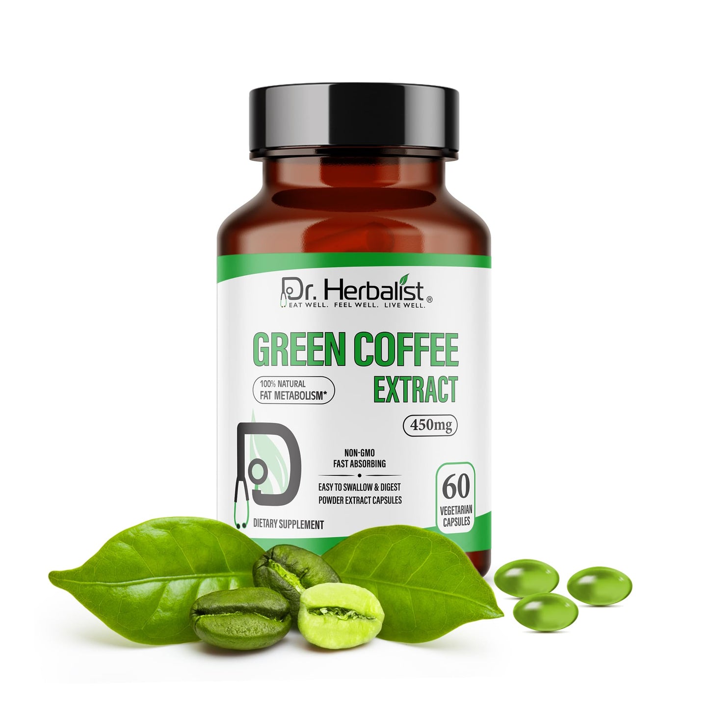 Dr. Herbalist Green Coffee Extract 450mg – 60 Vegan Capsules | 10:1 (4,500mg Raw Eq) | Caffeine-Free Unroasted Coffee Bean Supplement