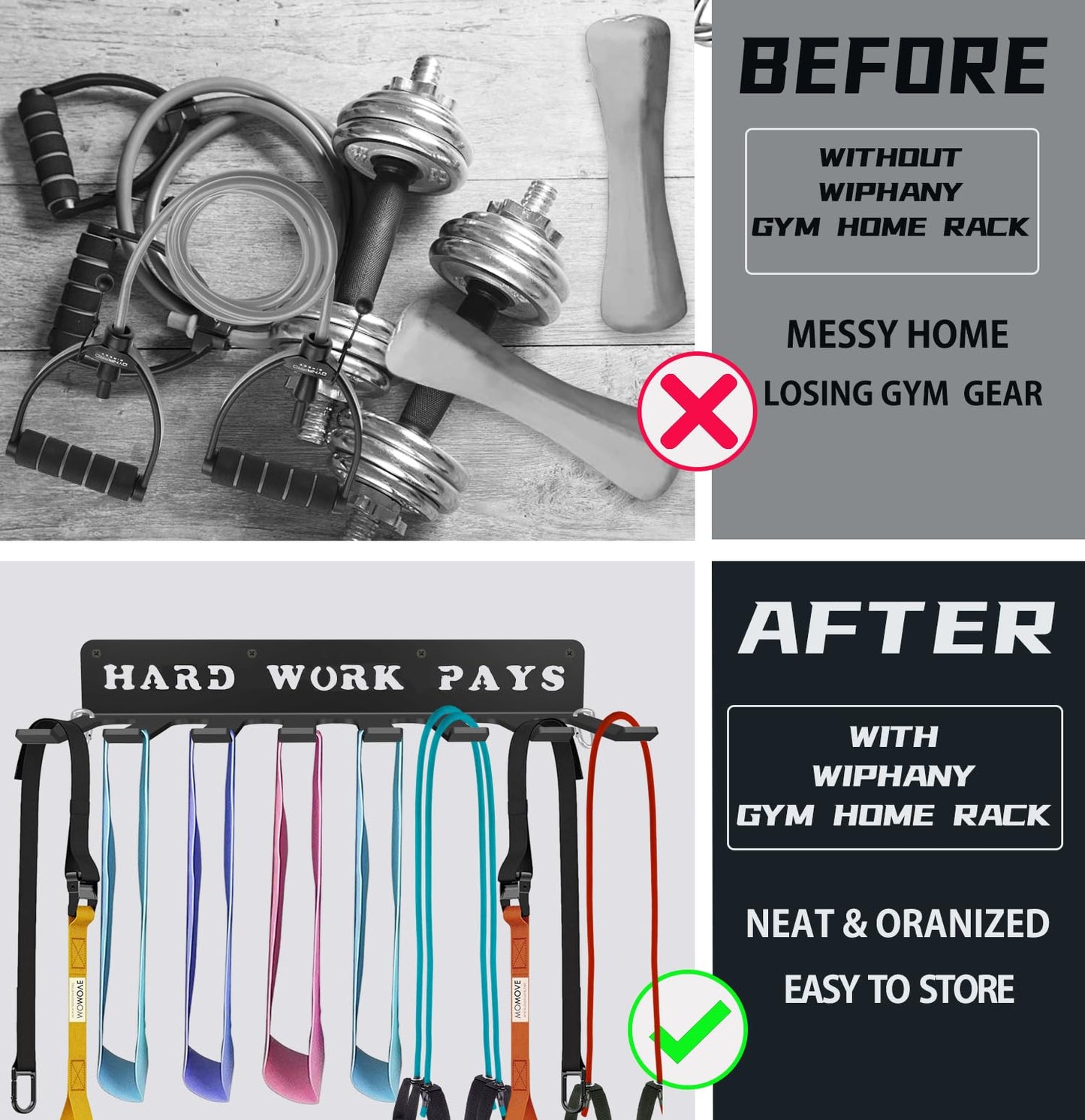 Fitness Bands Included Carabiners Rack Storage Hanger Rack Jump Ropes Rack Multi-Purpose Workout Gear Wall Hanger Storage for Resistance Bands, Jump Ropes, Lifting Belt, Fitness Bands, Barbells (balck)
