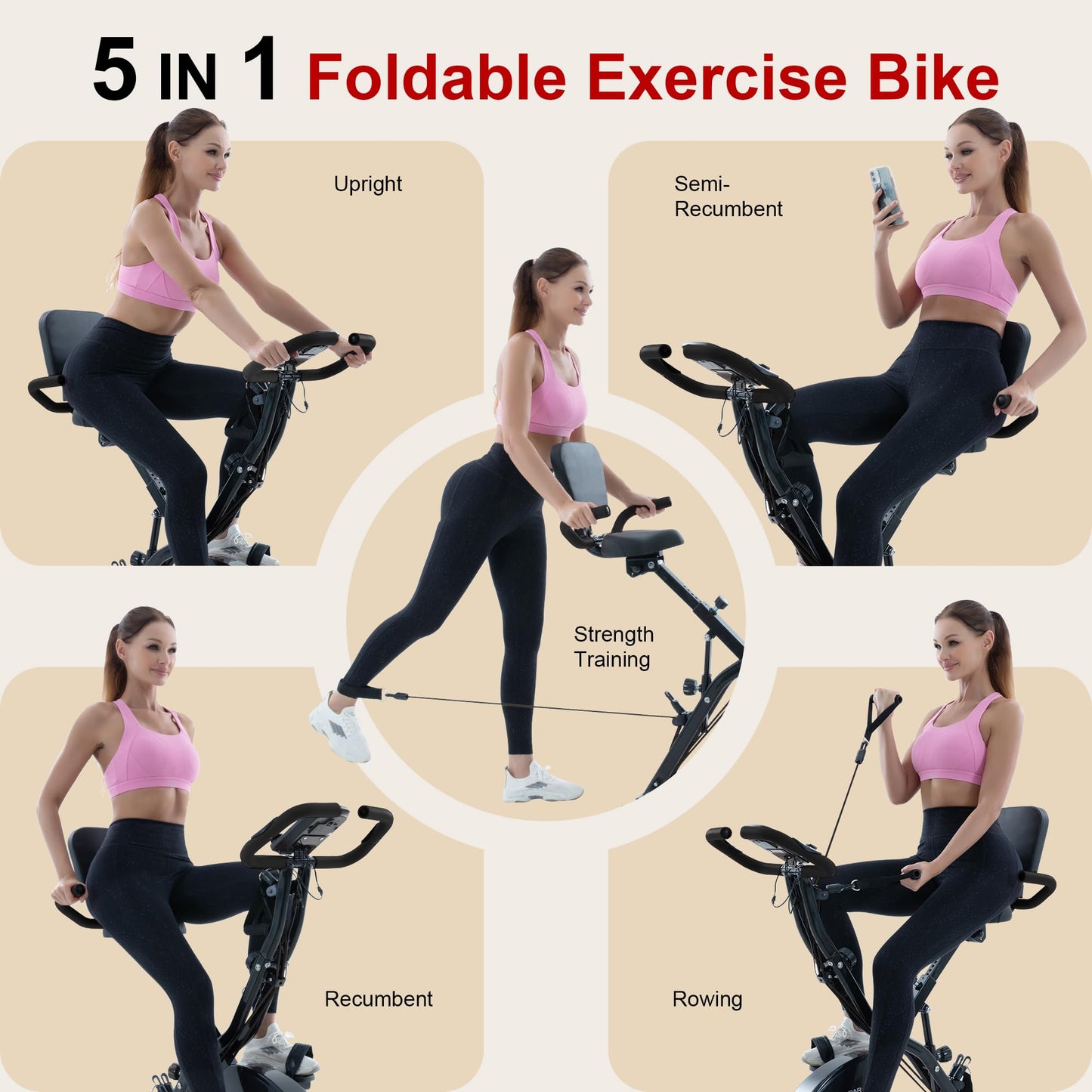 BARWING Stationary Exercise Bike for Home Workout, 5 IN 1 Foldable Indoor Cycling Bike for Seniors, 350LB Capacity, 16-Level Magnetic Resistance, Seat Backrest Adjustments (Black)