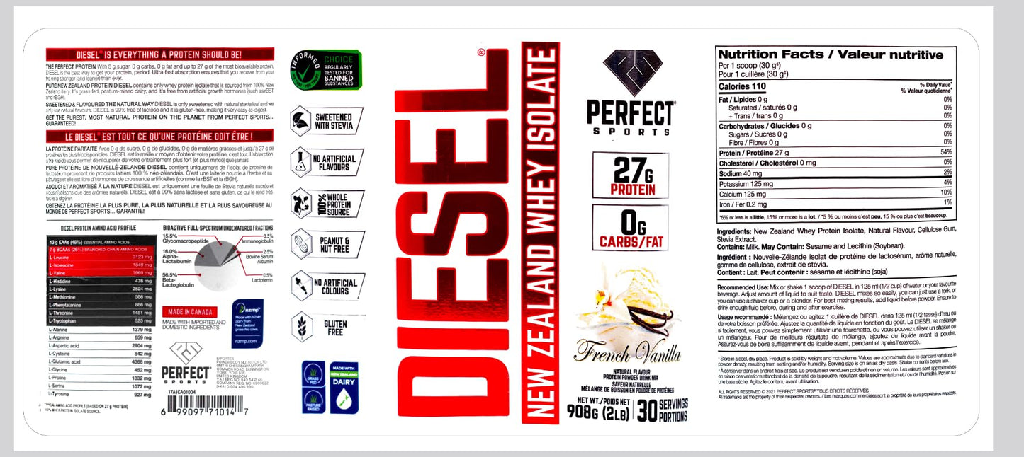 Perfect Sports Diesel 100% New Zealand Whey Protein Isolate | Stevia Sweetened, No Artificial Ingredients, Keto | 0g Carb, 0g Fat, 26g Protein | 2 Pounds (French Vanilla)