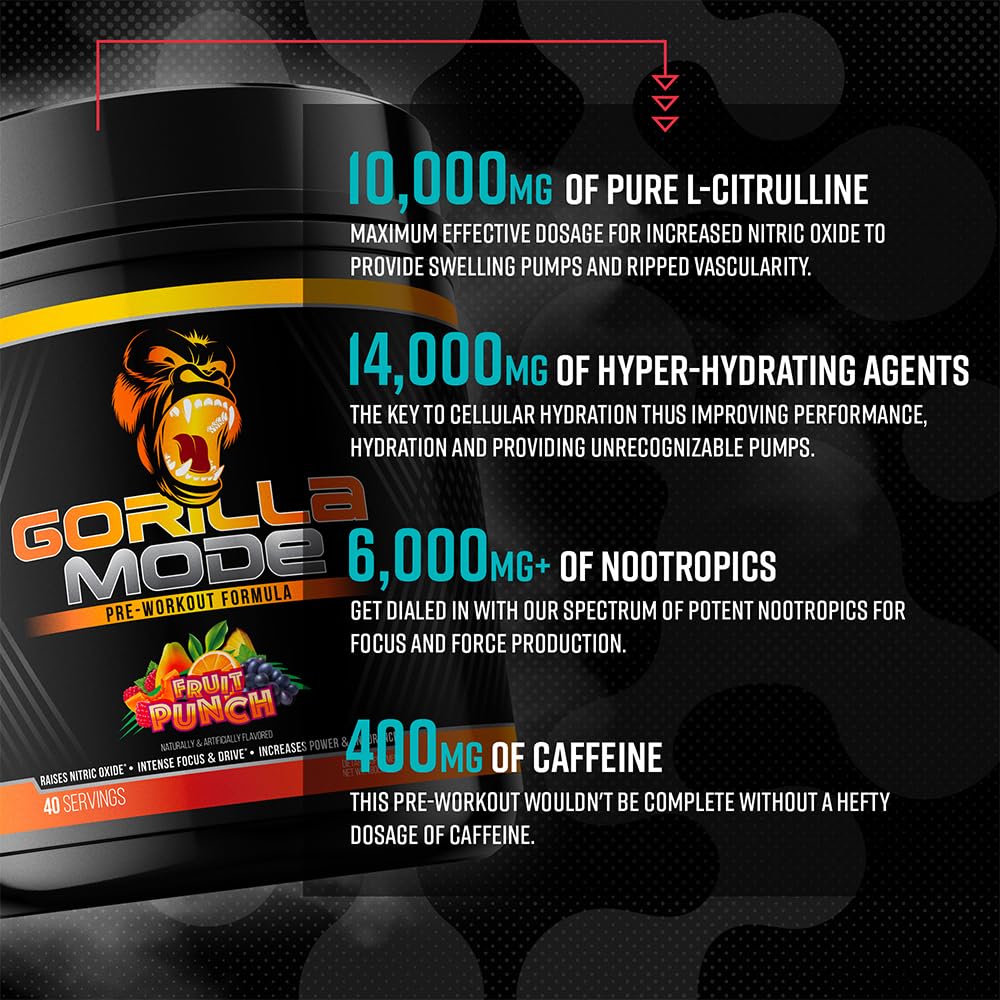 Gorilla Mode Pre Workout - Massive Pumps · Laser Focus · Energy · Power - L-Citrulline, Creatine, L-Tyrosine, Betaine, Hydroprime®, Alpha-GPC, 400mg Caffeine, Huperzine A - 776g (Rainbow Sherbet)