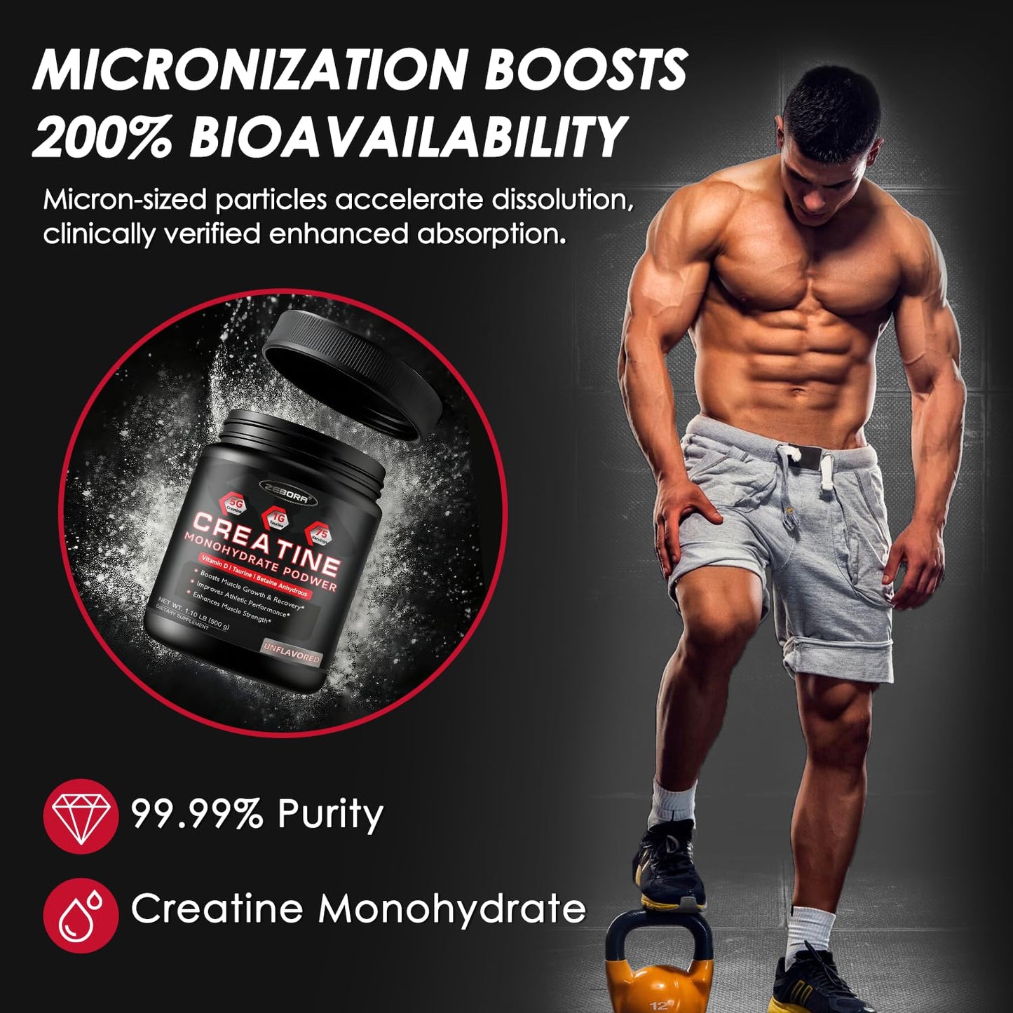 ZEBORA Micronized Creatine Monohydrate Powder, Creatine Monohydrate for Women-Men, Helps Muscle Recovery, Enhances Muscle Size & Strength with 5G Creatine and 1G Taurine, 75 Servings