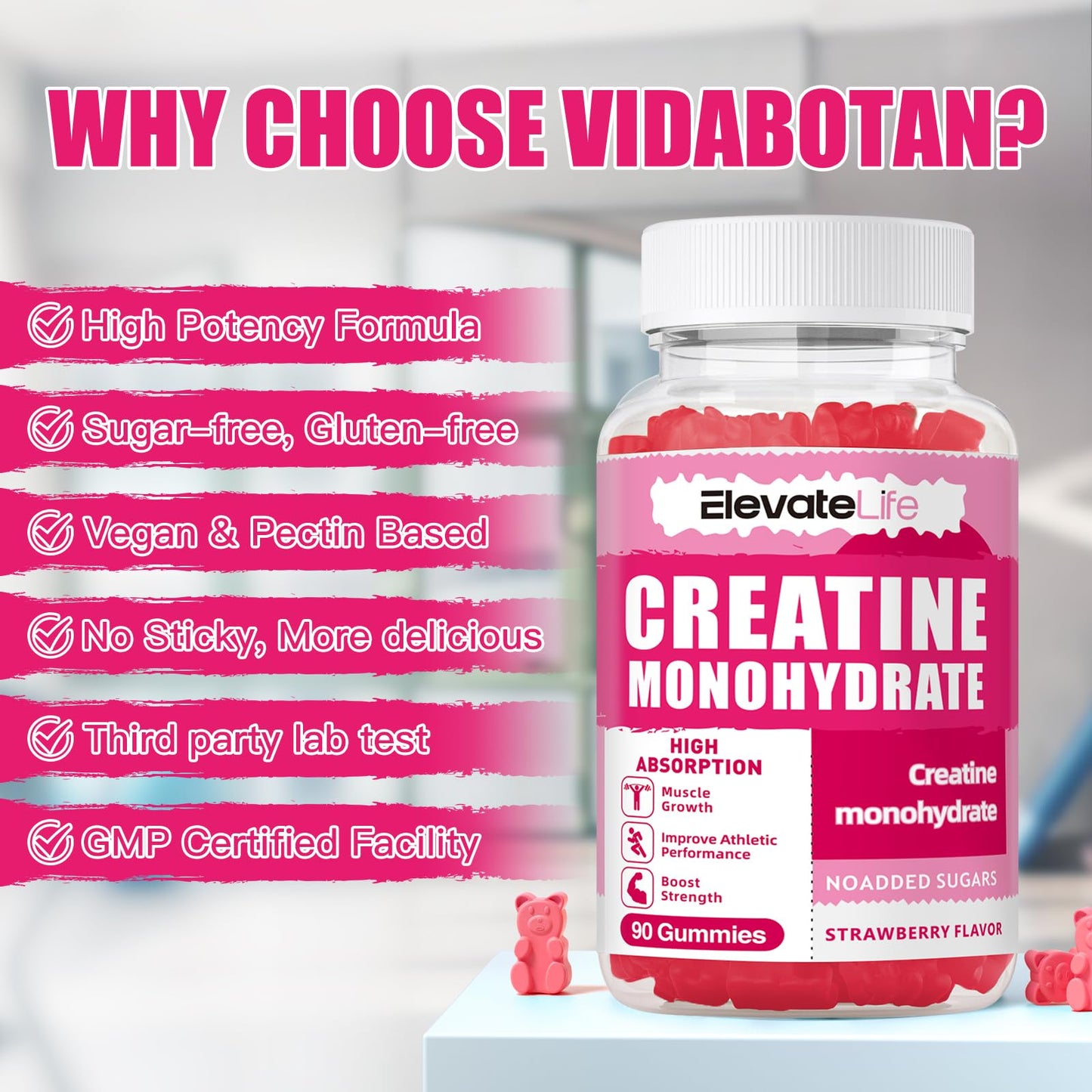 ElevateLife Creatine Monohydrate Gummies 5000mg for Men & Women, Chewables Creatine Monohydrate for Muscle Strength, Muscle Builder, Energy Boost, Pre-Workout Supplement(90 Count)-Strawberries