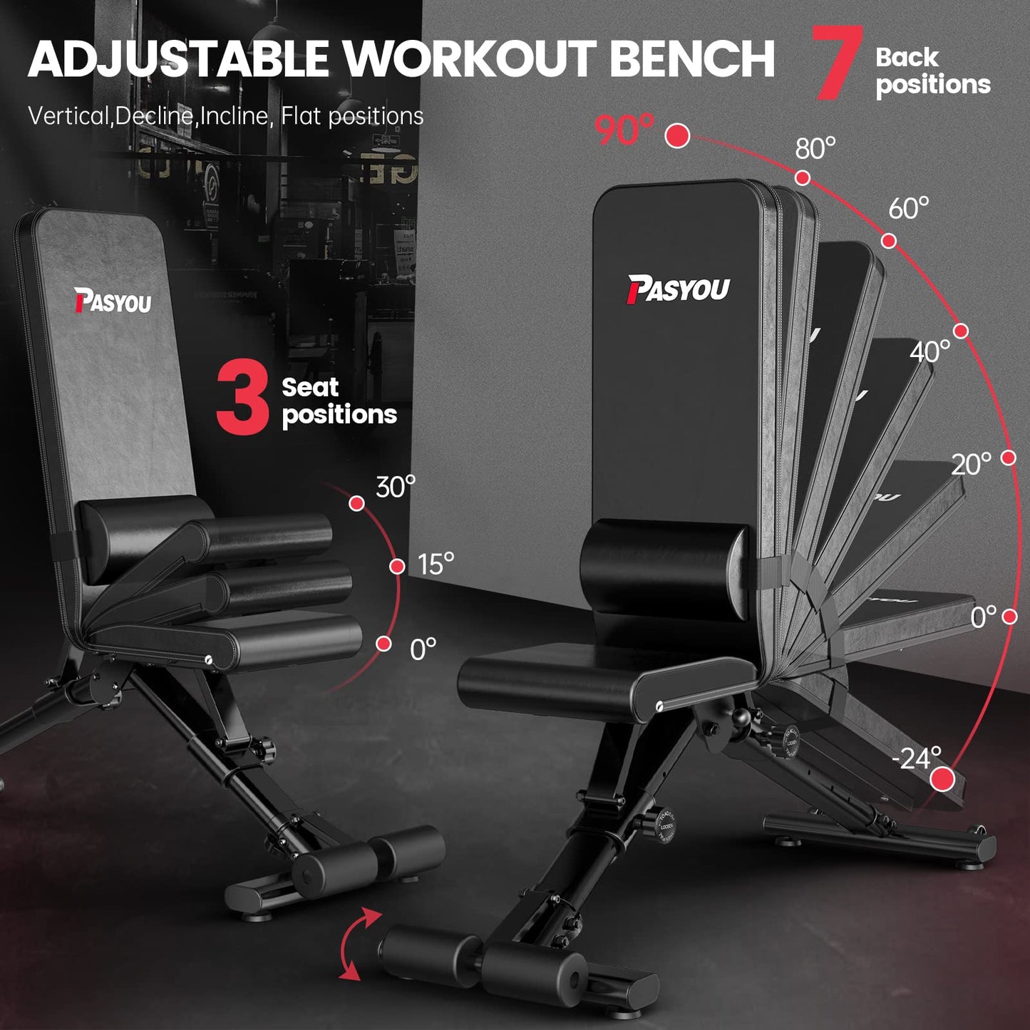 PASYOU Adjustable Weight Bench,880LB Weight Capacity for Strength Training Bench Press Foldable Incline Decline Bench for Full Body Workout PA500