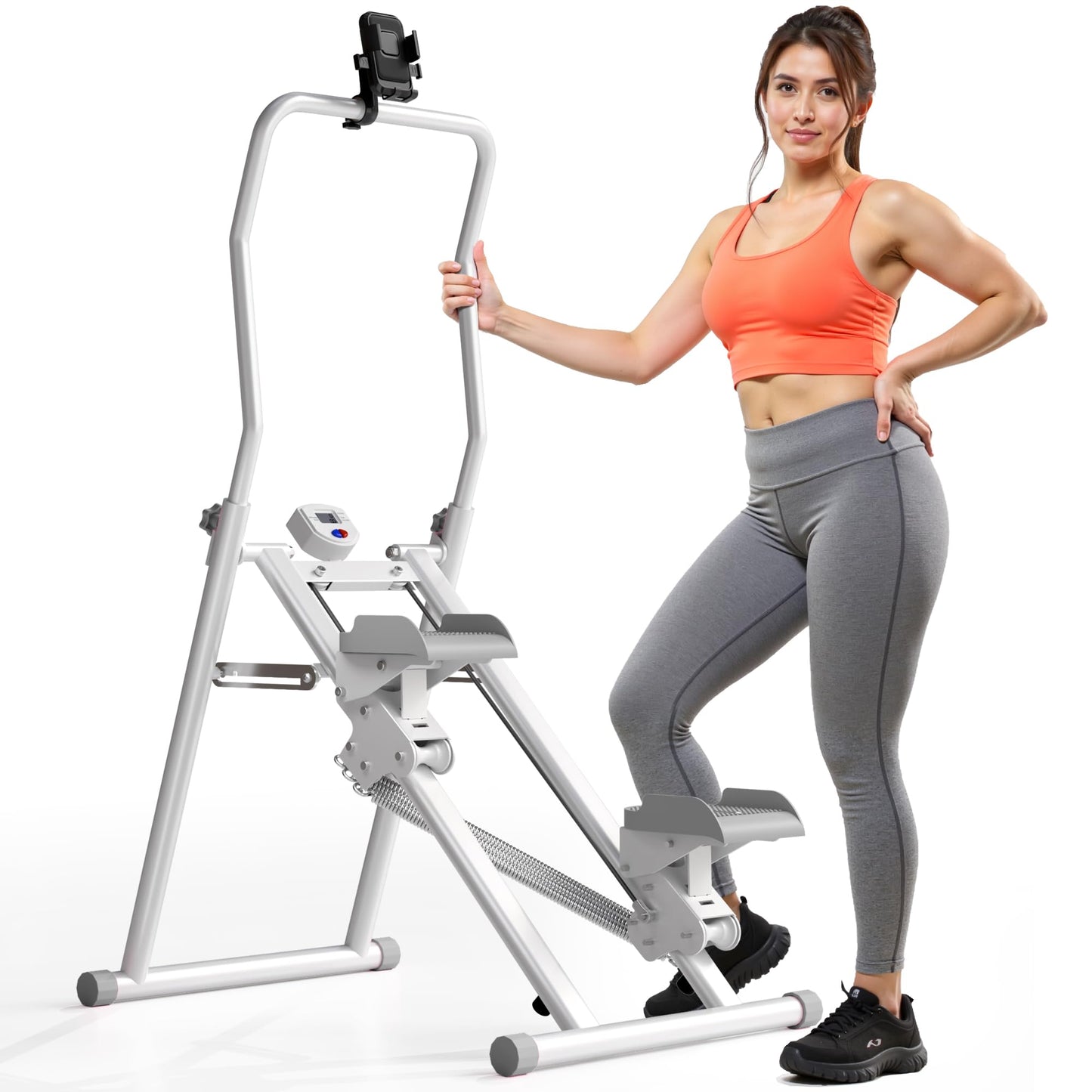 Stair Stepper Resistance Adjustable Folding Vertical Climber Machine for Home Gym Full-Body Workout (Grey/White)
