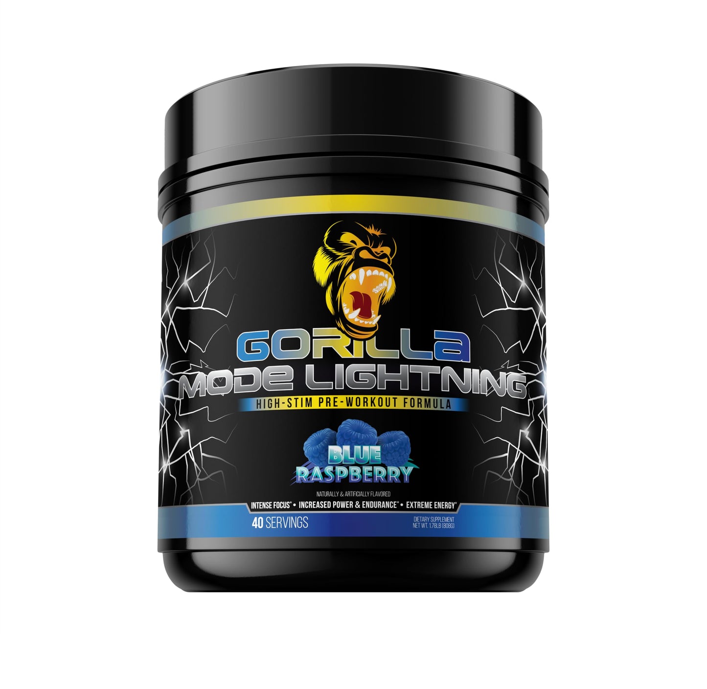 Gorilla Mode Lightning Pre-Workout - Extreme Energy · Laser Focus · Powerful Pumps · Peak Performance - 550mg Caffeine, 13500mg L-Tyrosine, Alpha-GPC– 808g (Blue Raspberry)