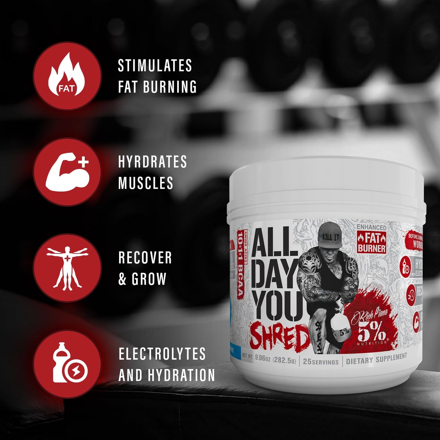 5% Nutrition Rich Piana AllDayYou Shred BCAA Powder | Amino Acid Supplement for Weight Loss | Elite Fat Burning Pre Workout for Energy, Hydration, Endurance & Recovery (Blueberry Lemonade)