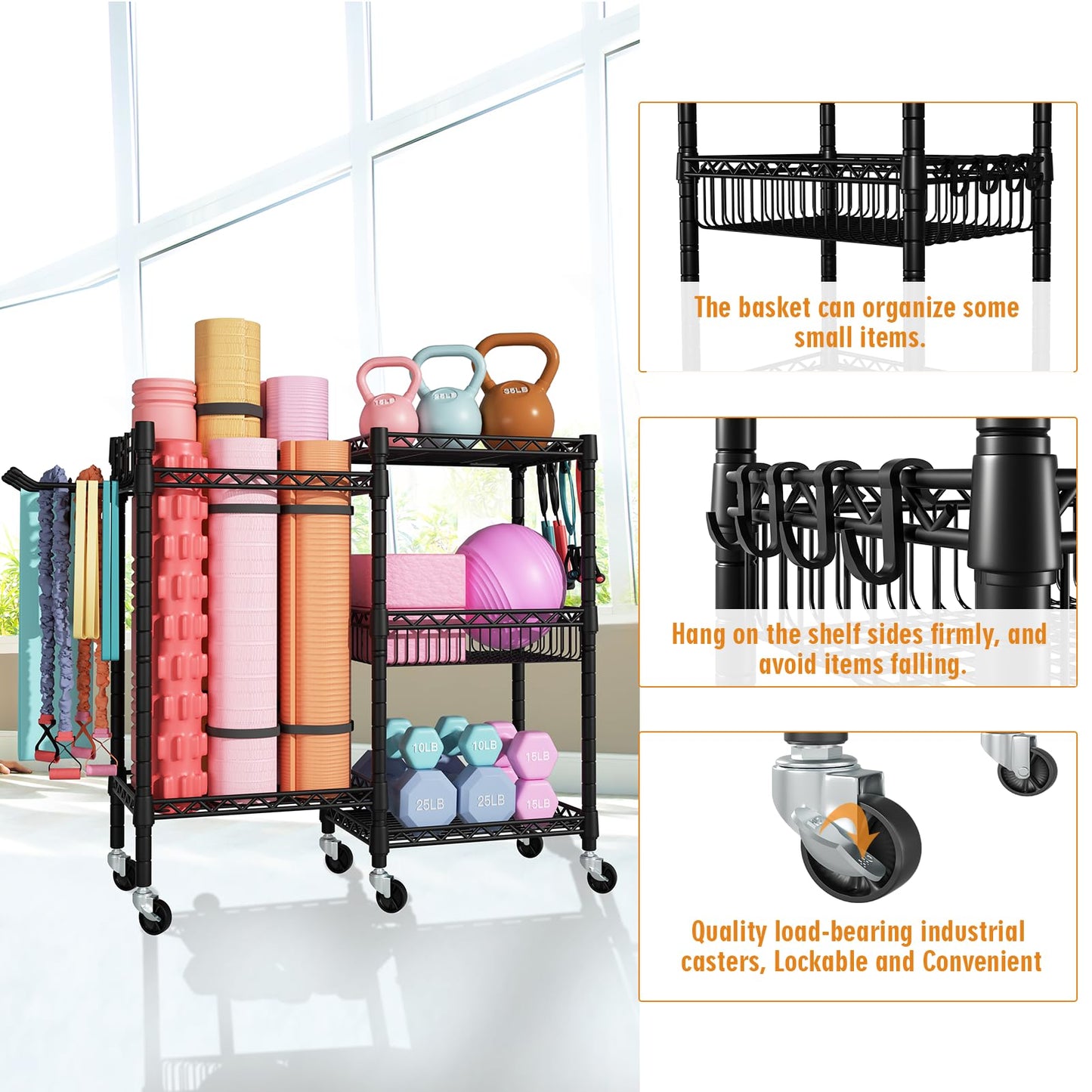 FUTASSI S2 Home Gym Storage, Rolling Yoga Mat Storage and Organizer, Sport Equipment Rack for Dumbbells, Kettlebells, Foam Rollers, Resistance Bands, 11.8" D x 36" W x 32.5" H, Black