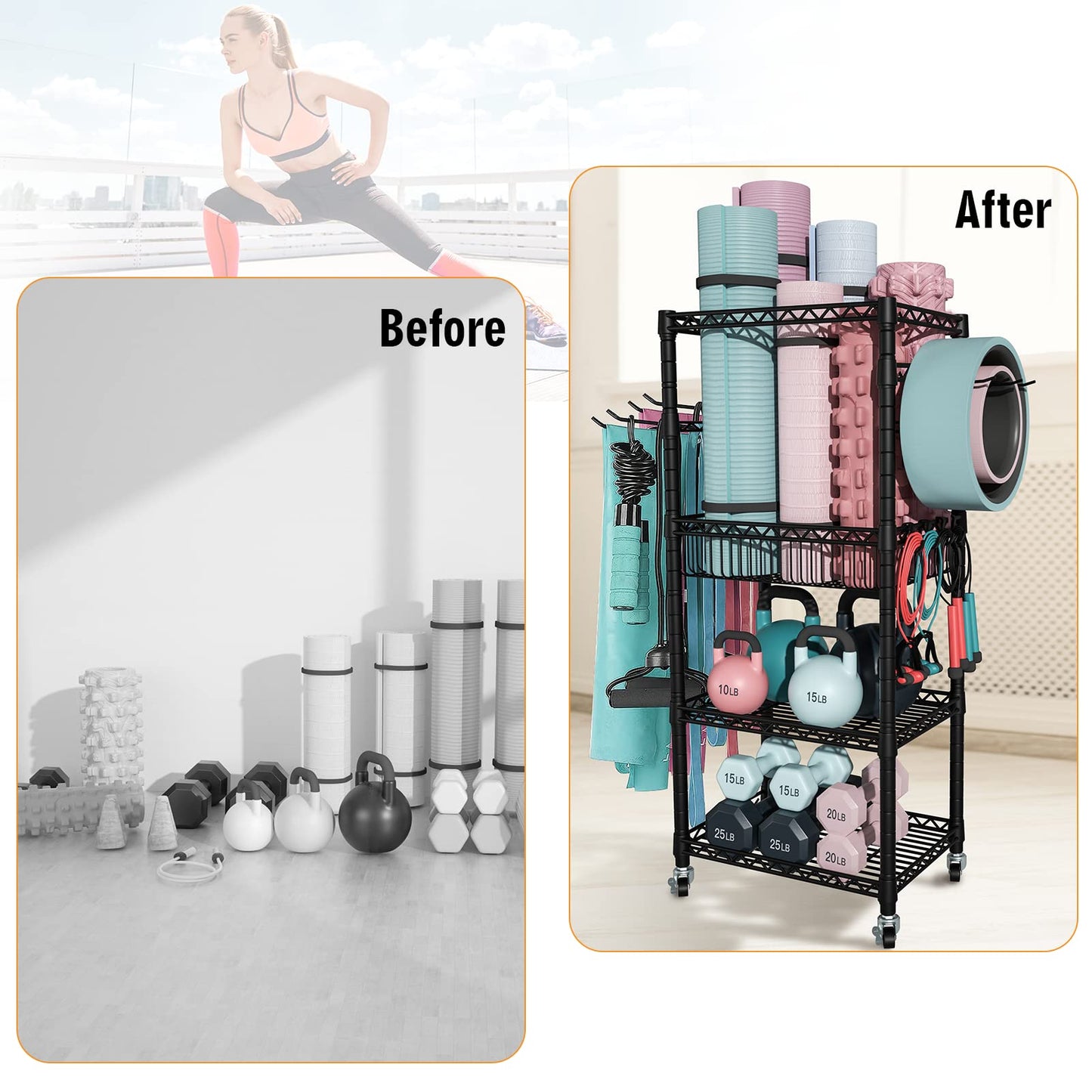 FUTASSI S1 Home Gym Storage, 3-Tier Workout Equipment Organizer with Wheels for Yoga Mats, Foam Roller, Dumbbells, Kettlebells, and Resistance Bands, 47.4" H x 27.5" L x 11.8" D, Black
