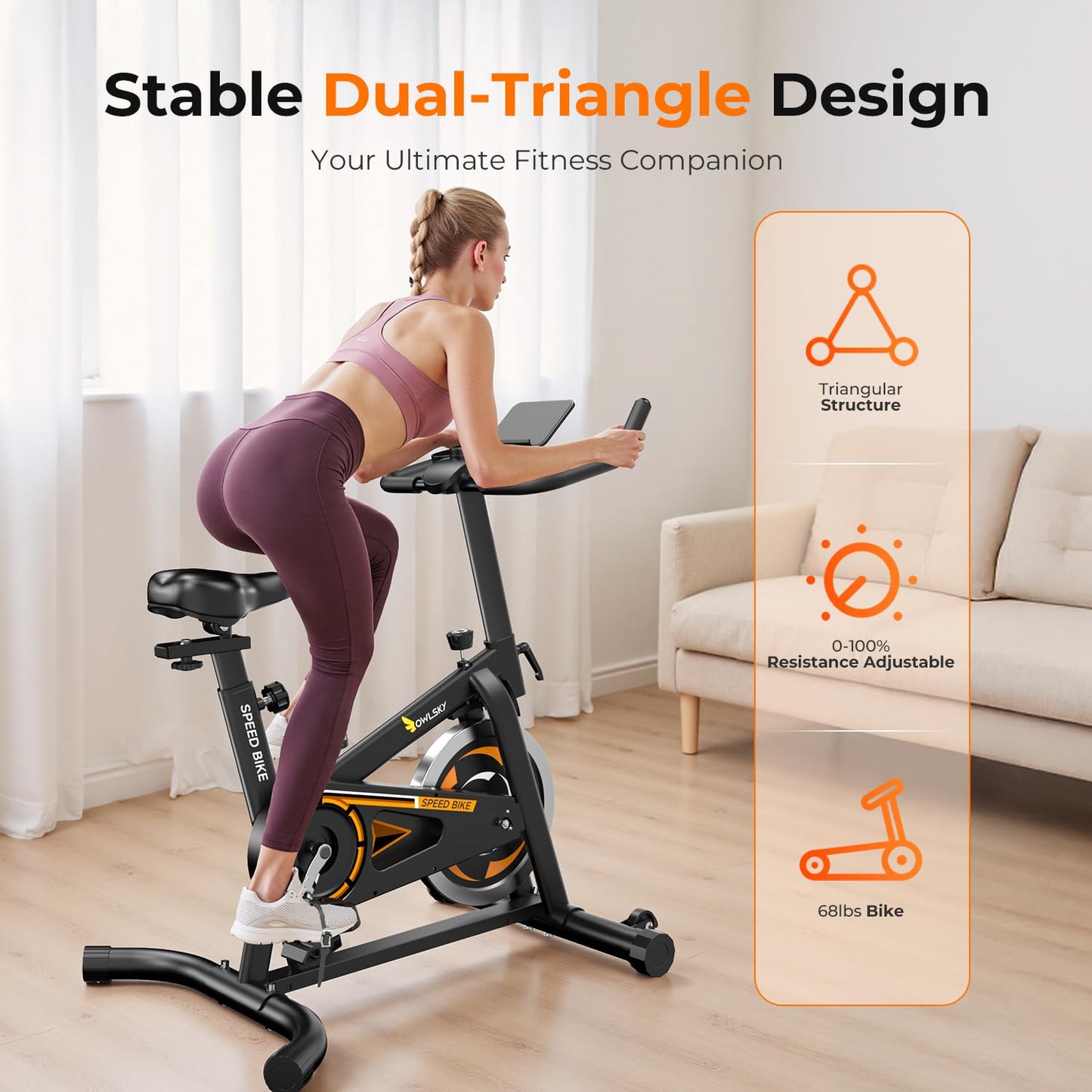 OWLSKY Exercise Bike with APP, Wool Felt Indoor Cycling Bike, 300 lbs Capacity Quiet Stationary Bike for Home Gym Cardio Workout, Adjustable Seat & Tablet Holder