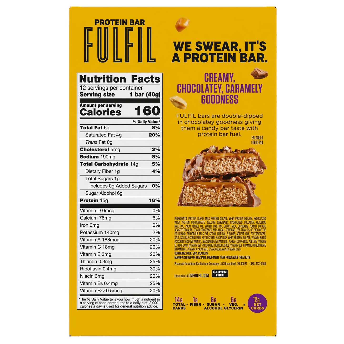 FULFIL Protein Snack Bars, Chocolate Peanut Caramel Flavored, Gluten Free with 15g Protein, Pantry Staples, 12 Count