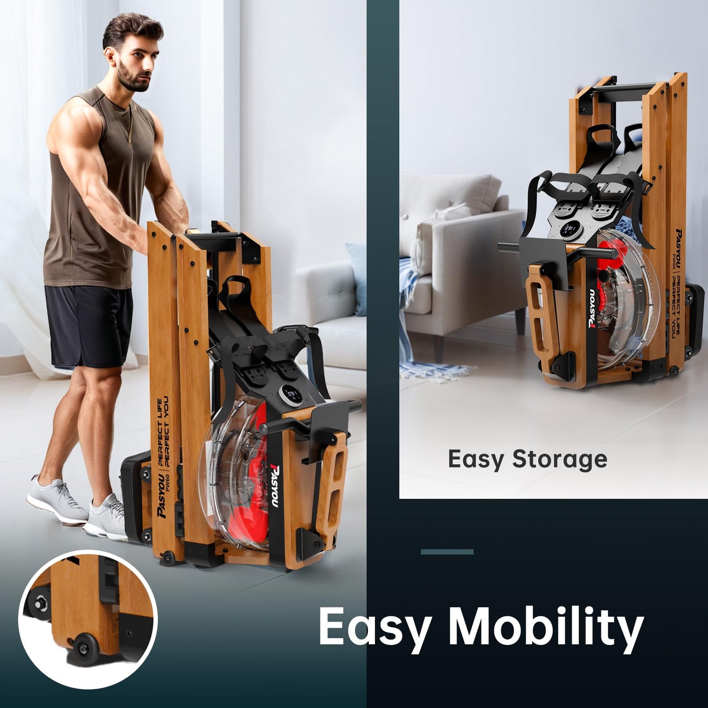 PASYOU Water Rowing Machines for Home Oak Wood Foldable Rower Machine 350LB Weight Capacity, 6 Levels Adjustable Row Machines with Monitor & Device Holder & 14L Tank, Bluetooth with Kinomap APP
