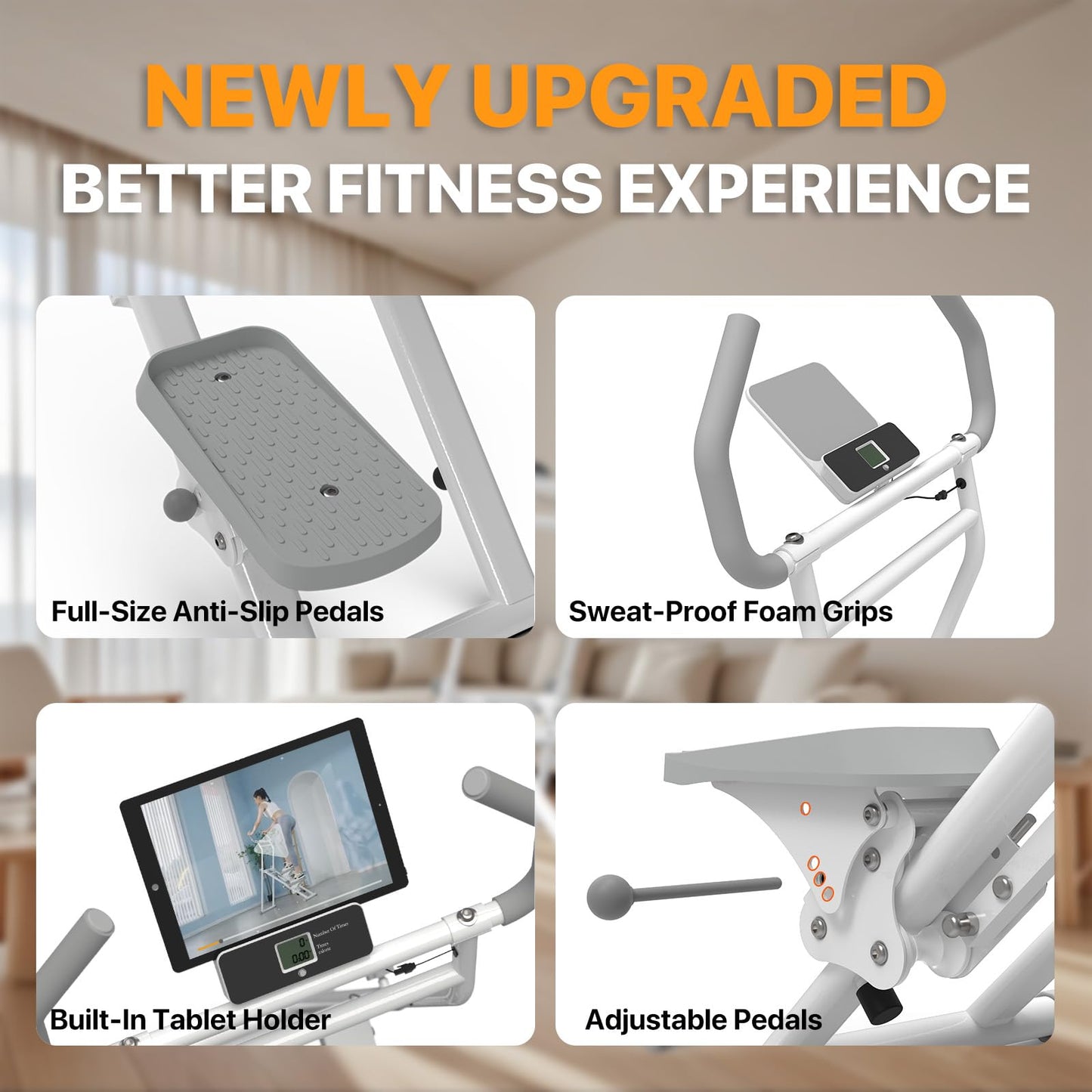 MACYO Stair Stepper for Home Workout - Full-Size Foot Pedals with Tablet Holder, Foldable Stepping Climbers, Easy Assembly, Compact Design for Cardio & Leg Training (White)