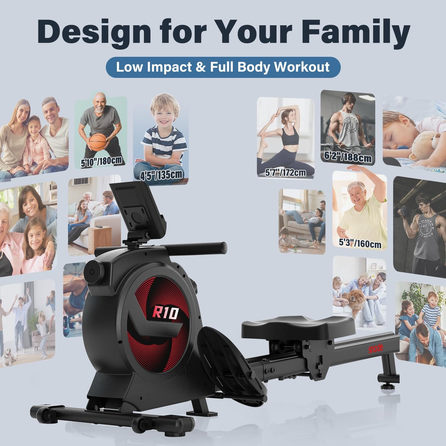 SNODE Rowing Machine for Home Use Magnetic Rower with 16 Level Resistance, Row Machine with LCD Monitor, Ergonomic Seat, Dual Rail, 350lb Weight Capacity