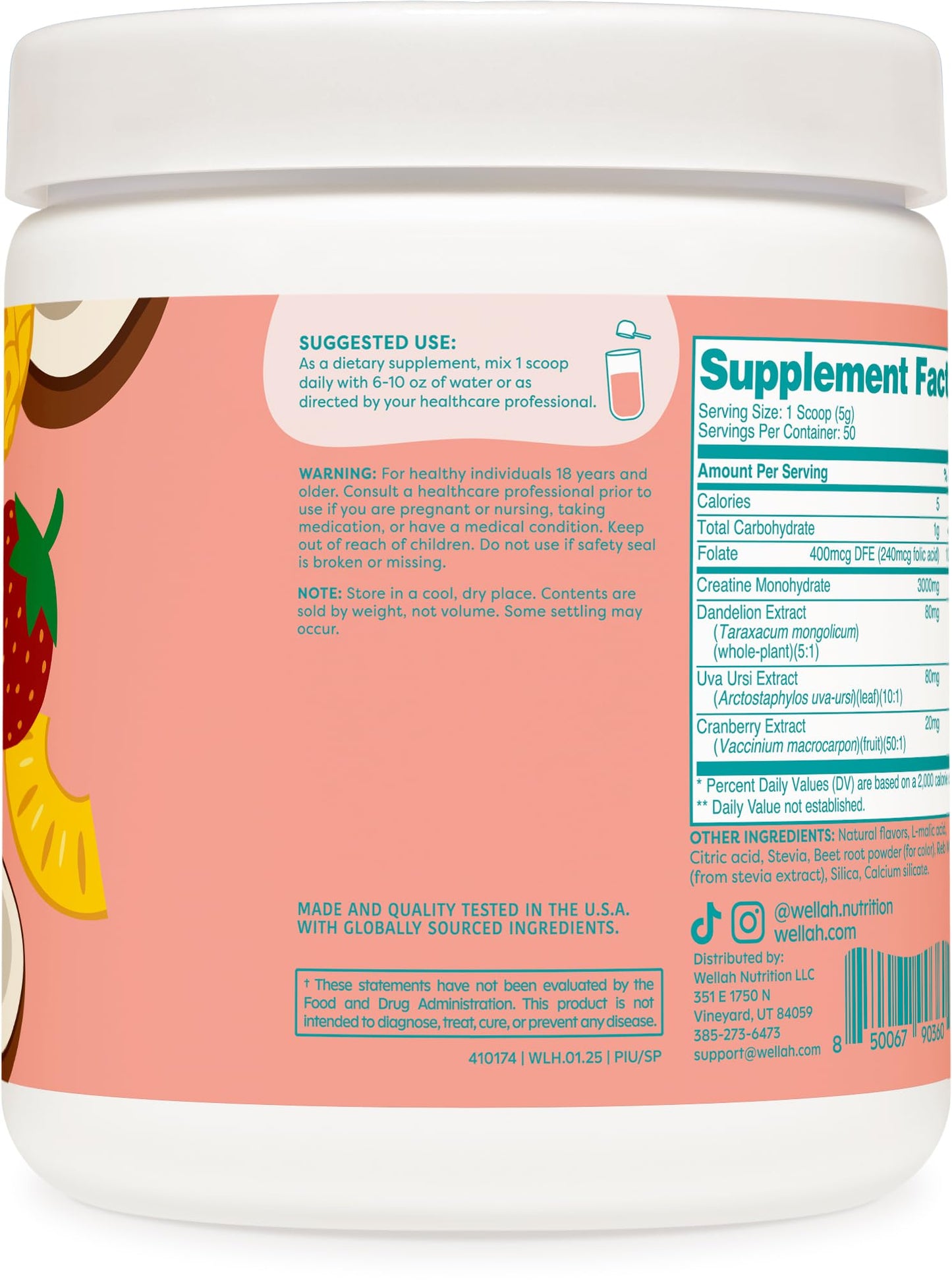 Wellah Pump-It-Up Creatine (50 Servings, Strawberry Pina Colada) - Creatine Monohydrate with Dandelion, Uva Ursi, & Cranberry Extract