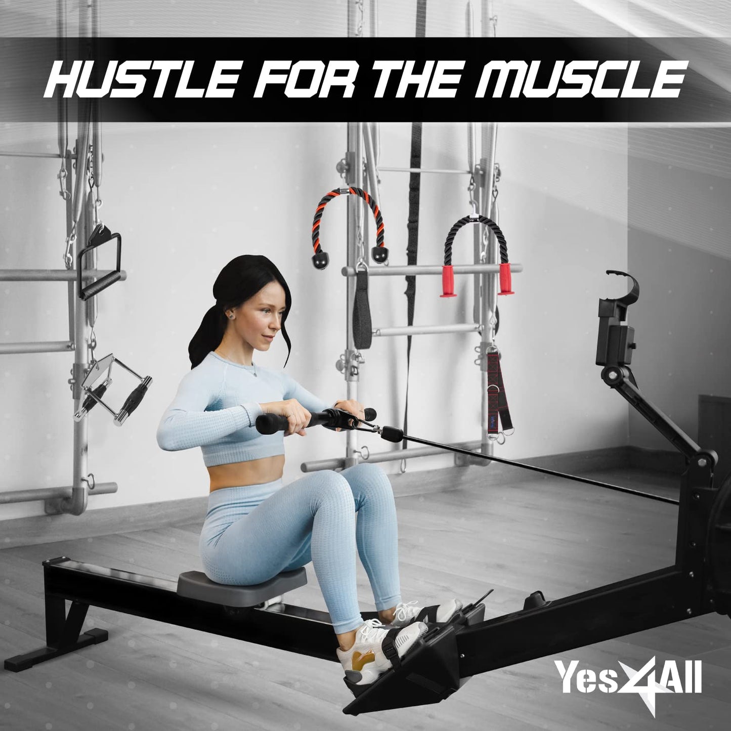 Yes4All Black Combo Tricep Pull Down Rope, Double D Handles, V-Shaped Bar & Rotating Pull Down Straight Bar, Tricep Press Down Cable Machine Attachment, LAT Pulldown Attachments for Home Gym Set