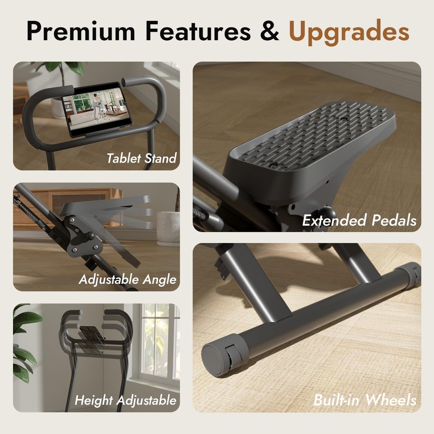 MACYO Stair Stepper for Home Gym Exercise, Adjustable Resistance, Tablet Holder, Compact Folding Cardio Exercise Climber with Extended Step Range, Adjustable Handlebar & Pedals (Black)