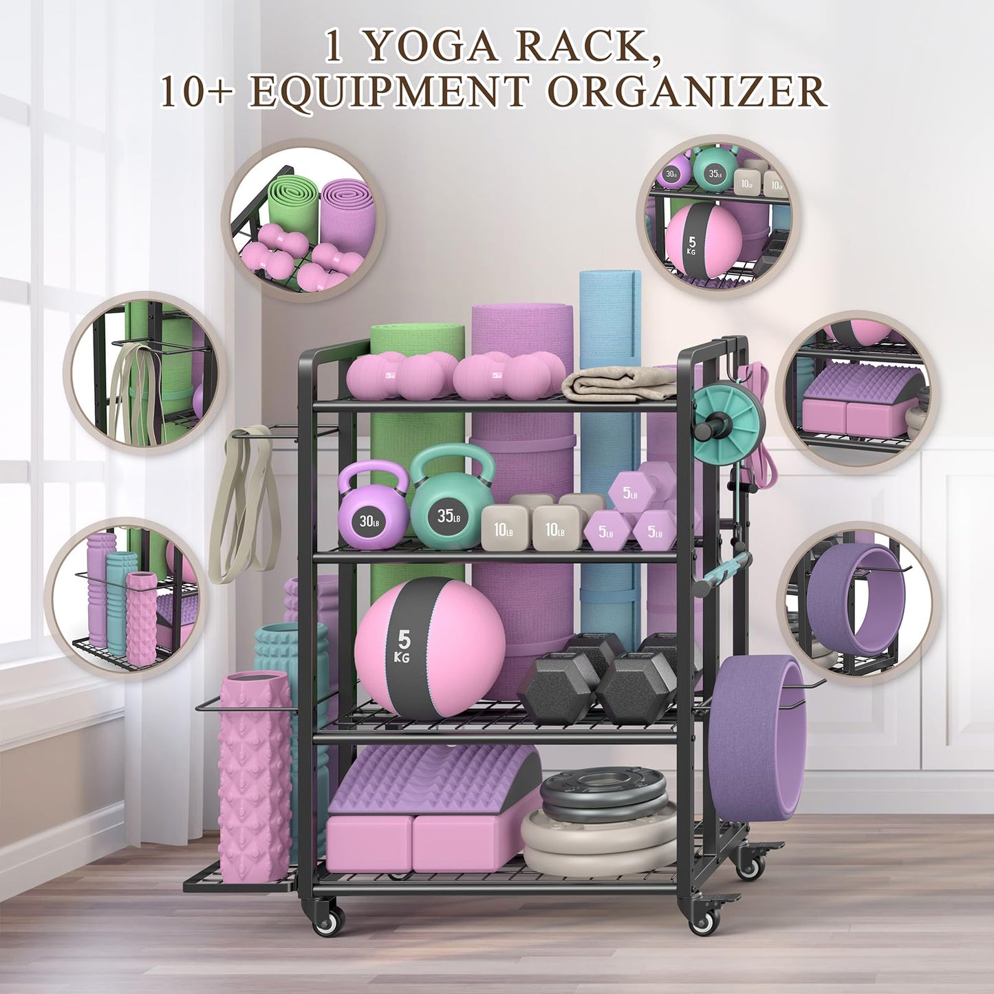 4-Tier Dumbbell Rack Stand Only, Adjustable Weight Rack for Dumbbells Kettlebells Yoga Mat, Home Gym Storage Rack with Wheels and Hooks, Powder Coated Finish (Large)