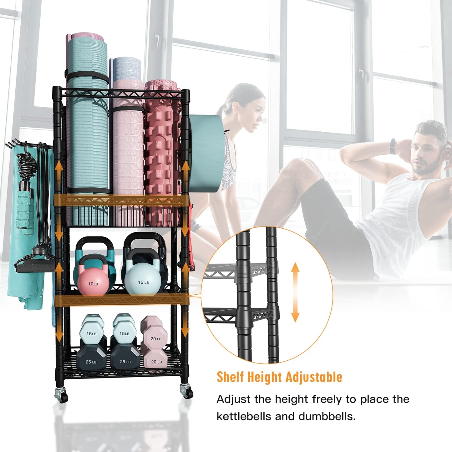 FUTASSI S1 Home Gym Storage, 3-Tier Workout Equipment Organizer with Wheels for Yoga Mats, Foam Roller, Dumbbells, Kettlebells, and Resistance Bands, 47.4" H x 27.5" L x 11.8" D, Black