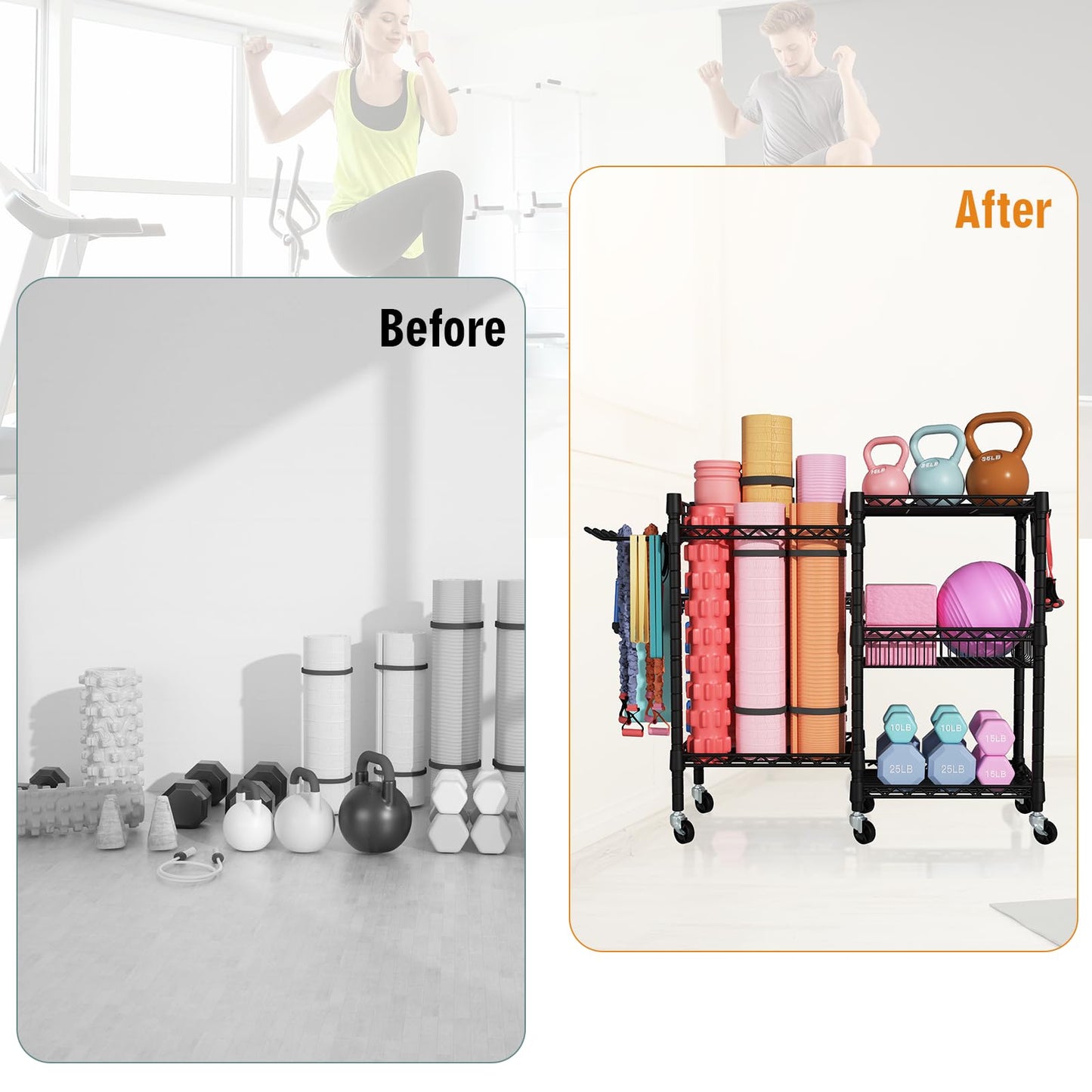 FUTASSI S2 Home Gym Storage, Rolling Yoga Mat Storage and Organizer, Sport Equipment Rack for Dumbbells, Kettlebells, Foam Rollers, Resistance Bands, 11.8" D x 36" W x 32.5" H, Black