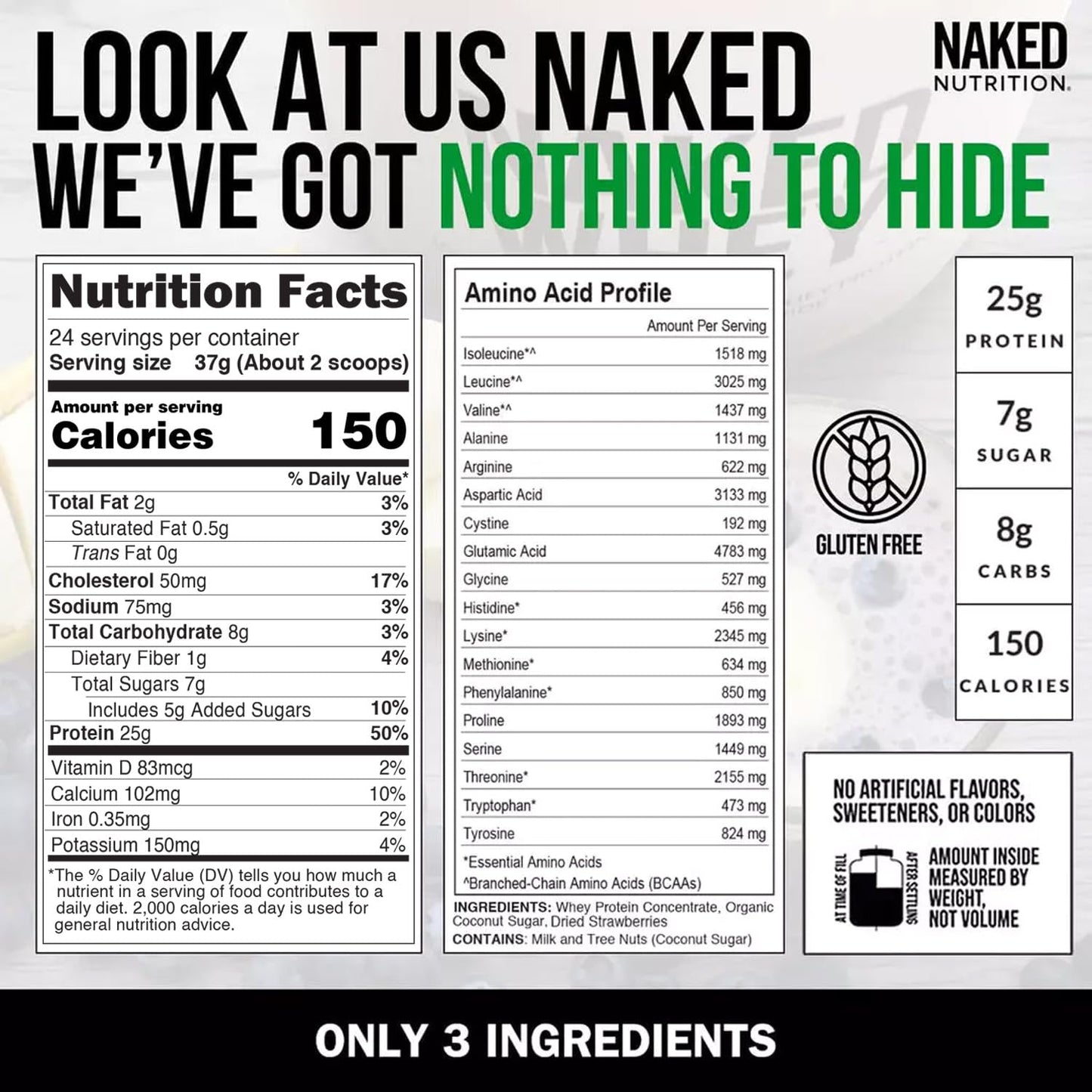 NAKED Strawberry Whey Protein Powder, Only 3 Ingredients, 25g Grass Fed Whey Protein Powder, Aid Muscle Growth & Recovery - 24 Servings