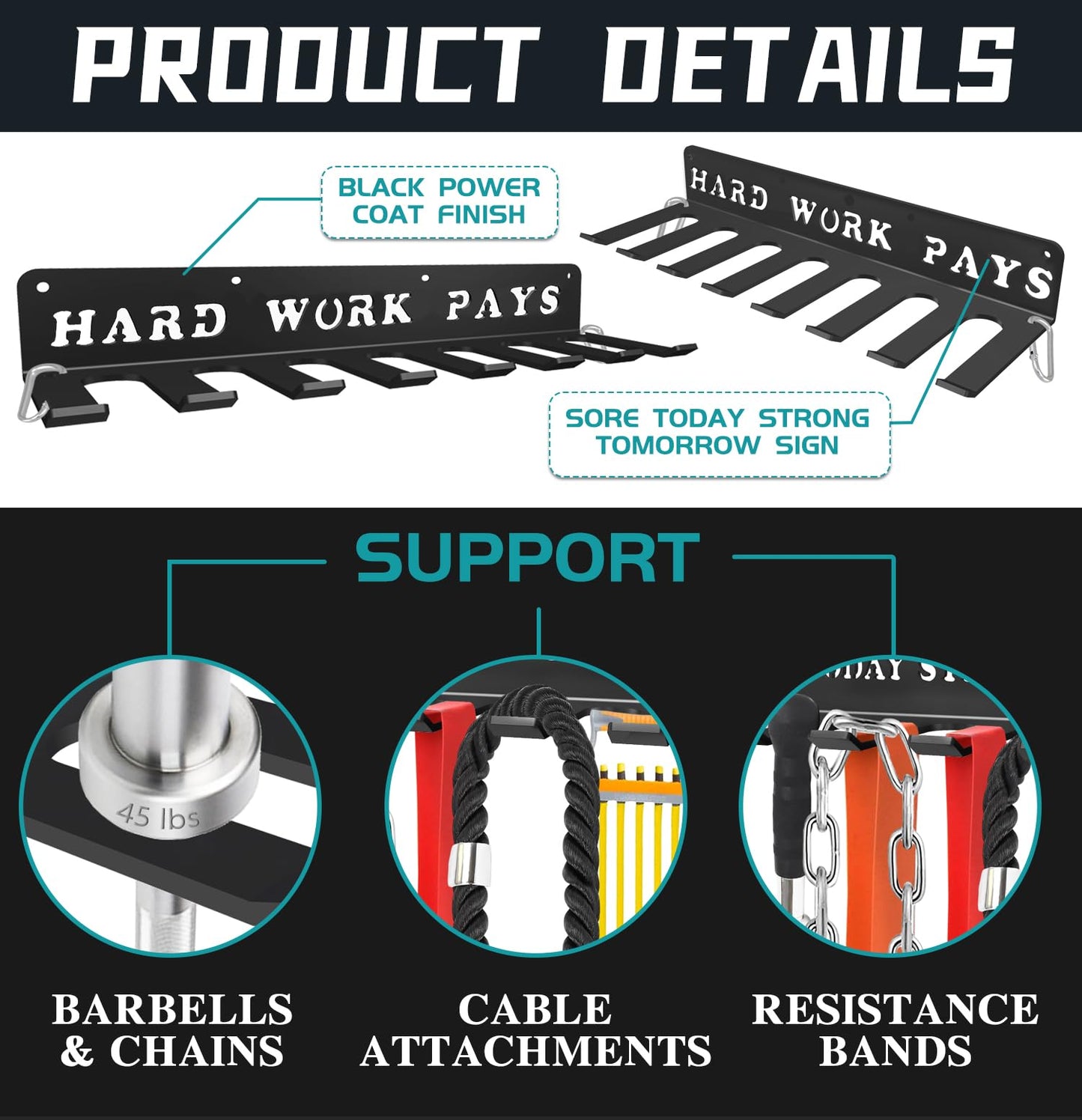 Fitness Bands Included Carabiners Rack Storage Hanger Rack Jump Ropes Rack Multi-Purpose Workout Gear Wall Hanger Storage for Resistance Bands, Jump Ropes, Lifting Belt, Fitness Bands, Barbells (balck)