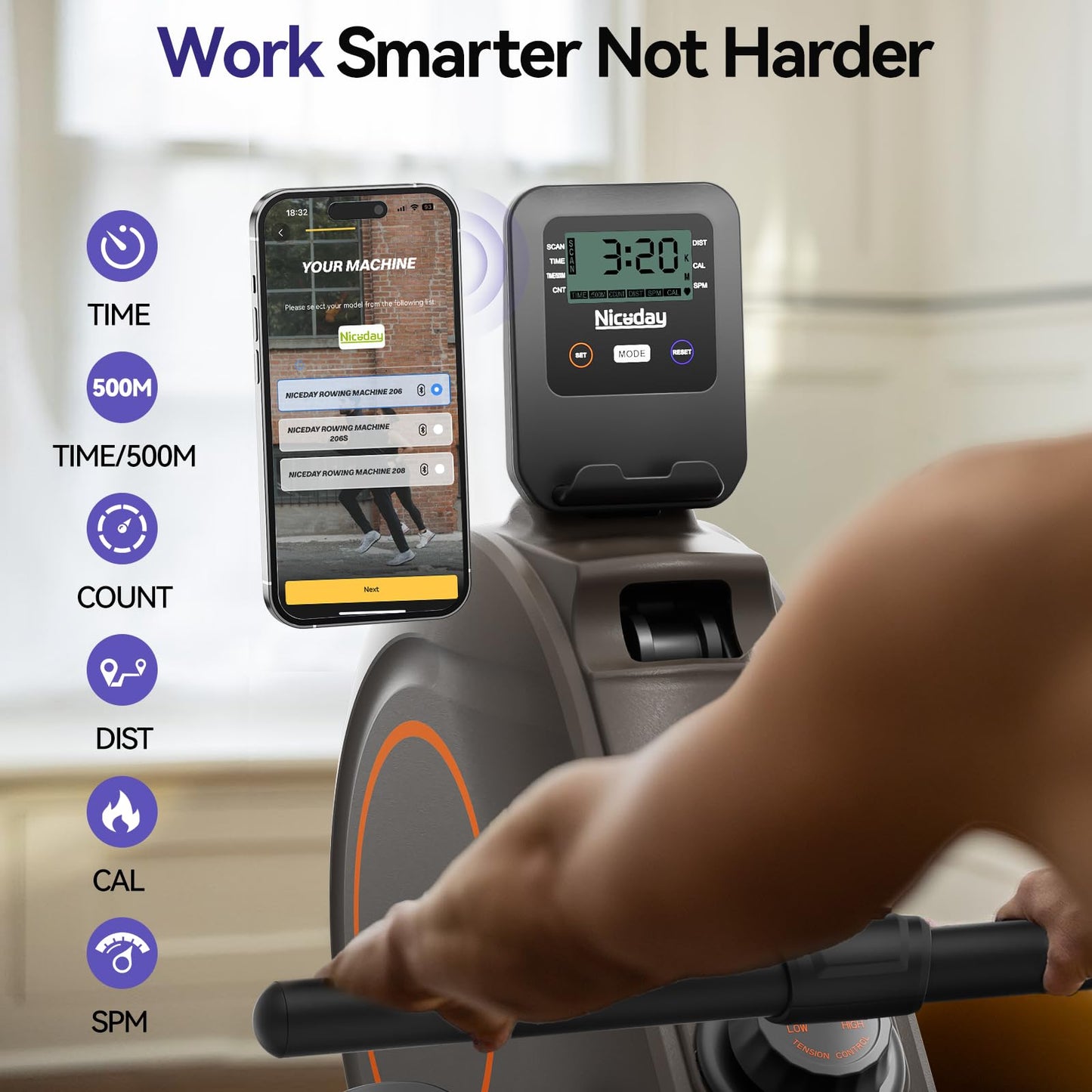 Niceday Rowing Machine, Magnetic Rower for Home Use, Smart Rowing Machine Bluetooth Compatible with Kinomap APP, Rower Machine with 16 Resistance Levels & 350 LBS Weight Capacity