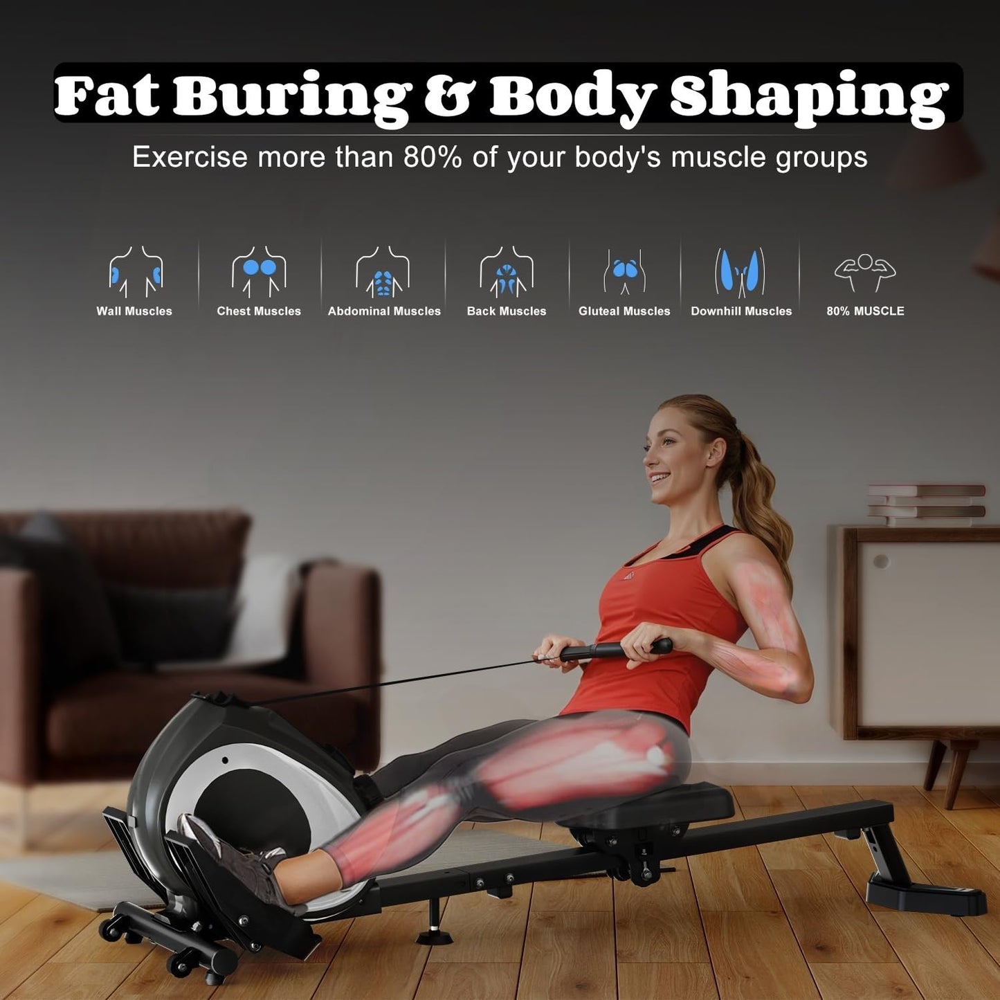 NAYSAYE Magnetic Rowing Machine for Home with Adjustable 8-Speed Booster, Foldable Rower with 265 LBS Loading Capacity for Living Room Office Black