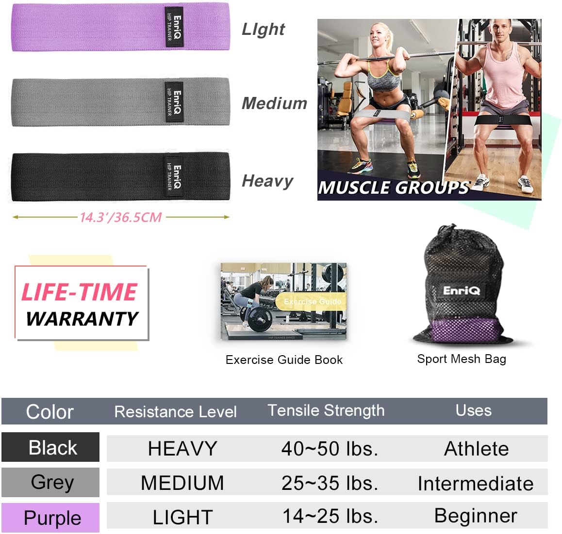 EnriQ Booty Bands Fabric Resistance Bands for Legs and Butt Cloth Hip Bands Workout Exercise Bands 3 Set Women Men Stretch Exercise Loops Thick Wide Non Slip Bootie Band