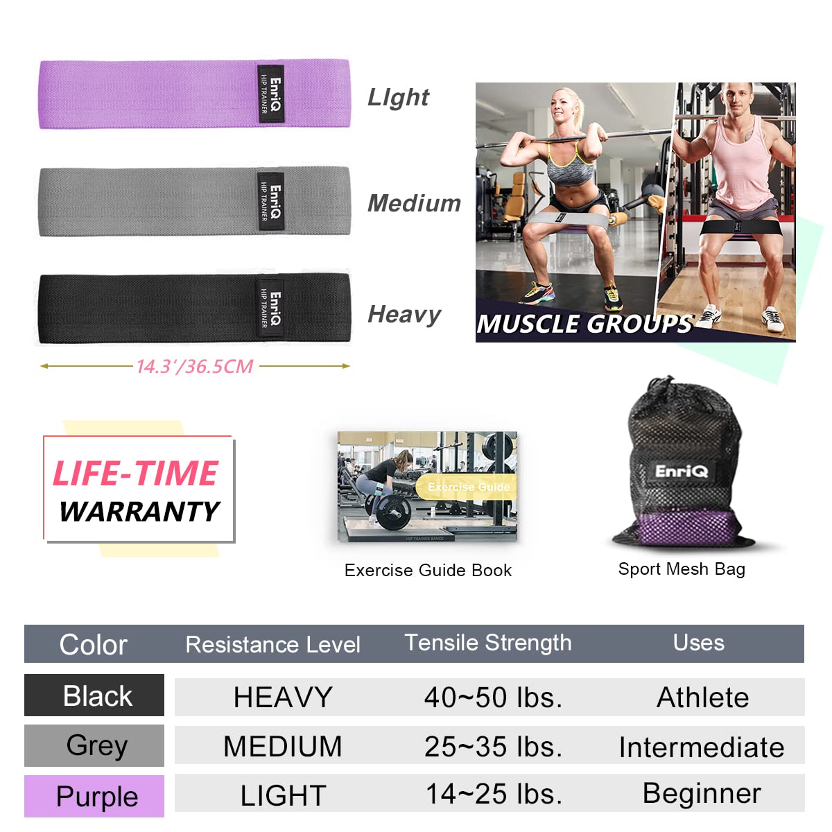 EnriQ Booty Bands Fabric Resistance Bands for Legs and Butt Cloth Hip Bands Workout Exercise Bands 3 Set Women Men Stretch Exercise Loops Thick Wide Non Slip Bootie Band