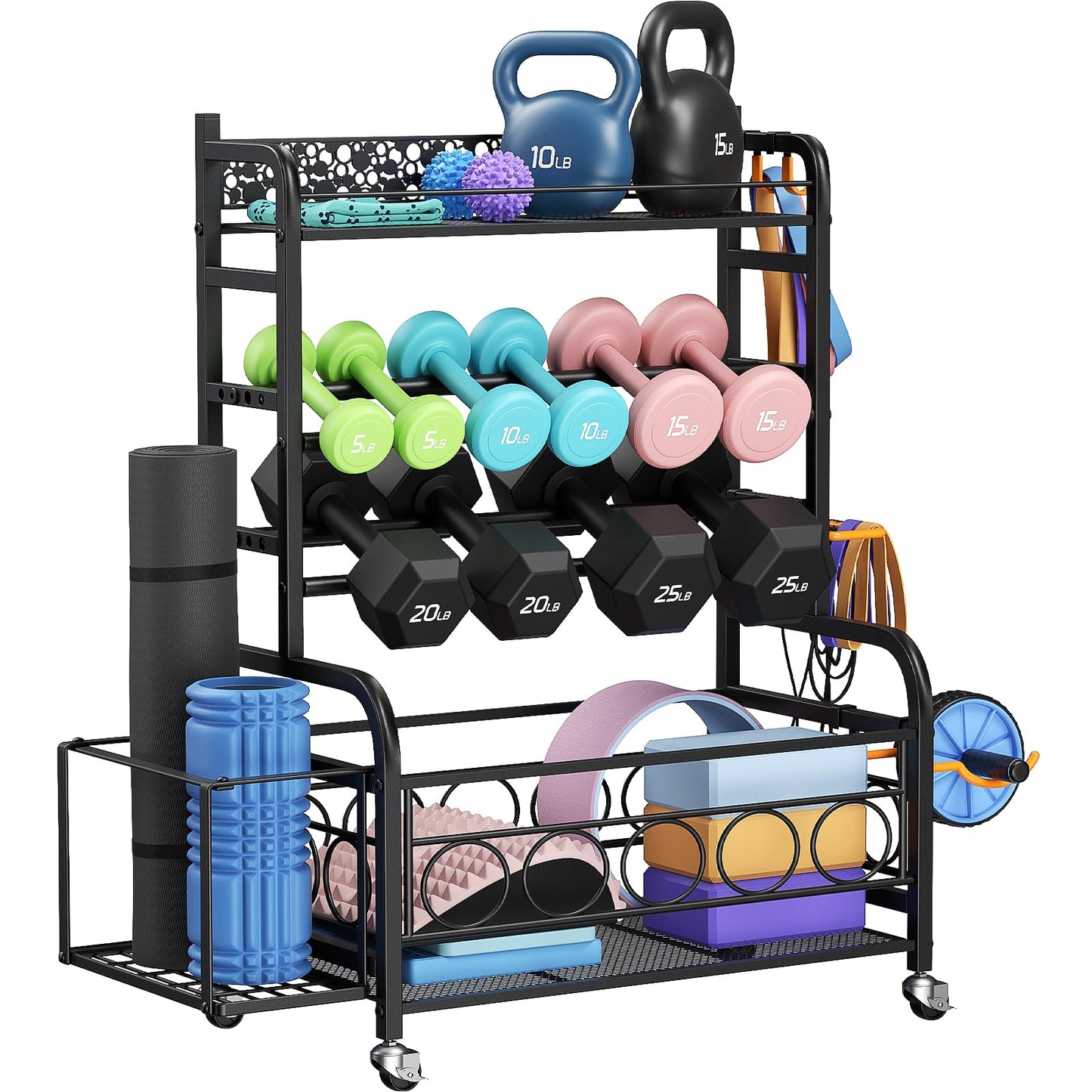 Dumbbell Rack,VOPEAK Weight Rack for Dumbbells, Weight Rack for Home Gym, Home Gym Storage Rack for Yoga Mat Kettlebells and Strength Training Equipment, Weight Storage Rack for Dumbbells with Wheels