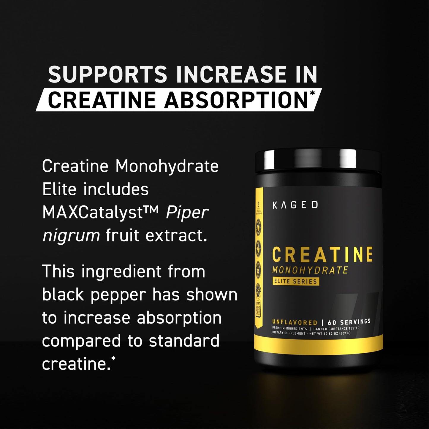Kaged Creatine Monohydrate Elite - High Absorption Creatine with MAXCatalyst - Unflavored Powder - 60 Servings