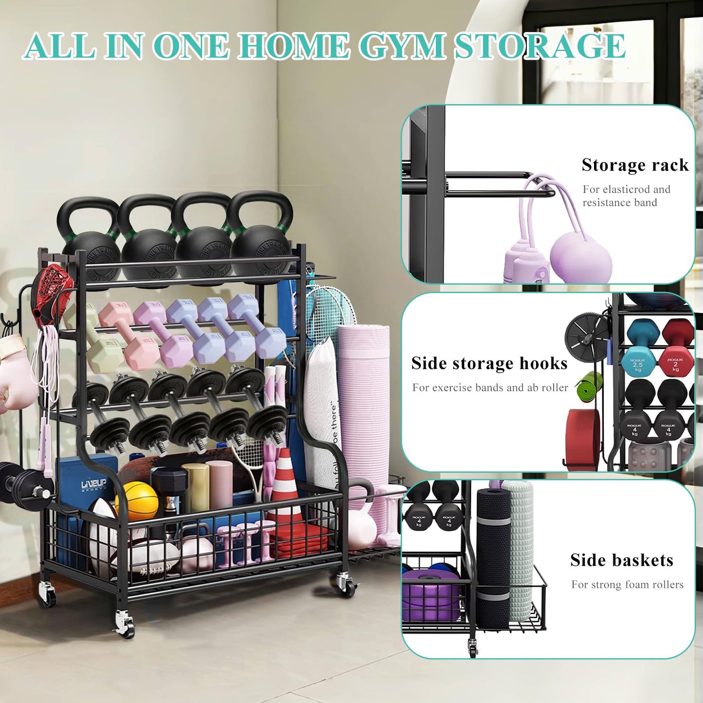 Hiee Dumbbell Rack, Weight Rack for Kettlebells, Heavy-Duty Home Gym Storage Rack for Yoga Mat and Workout Equipment, Storage Holder with Wheels and Hooks (320lb)