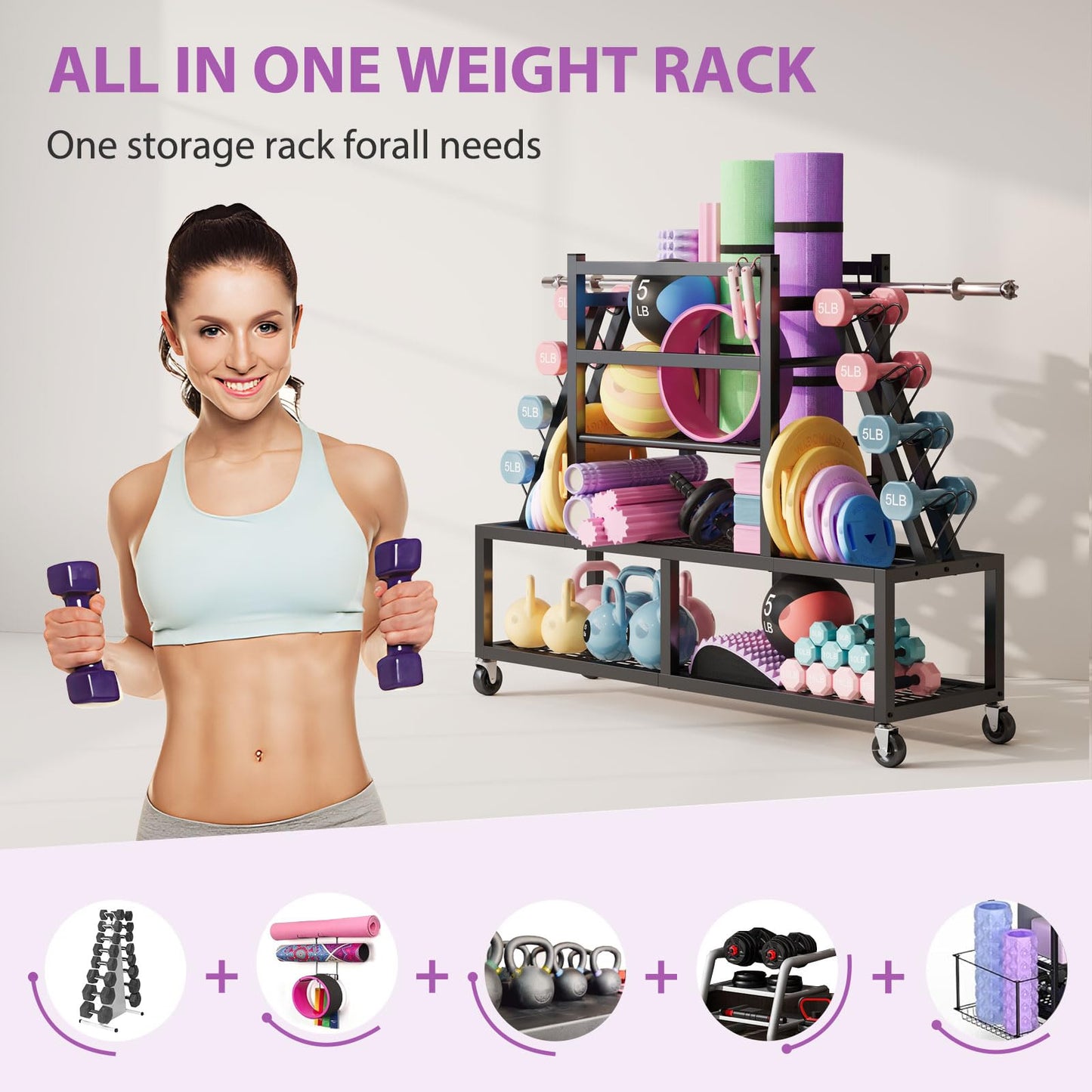 HavenlyYouth Dumbbell Rack Weight Rack Storage-Large Dumbbells Rack Home Gym Storage,Multilevel Workout Storage Organizer with Wheels and Barbell Holder,Perfect for Yoga Mat Balls Kettlebells and Fitness Gear,black