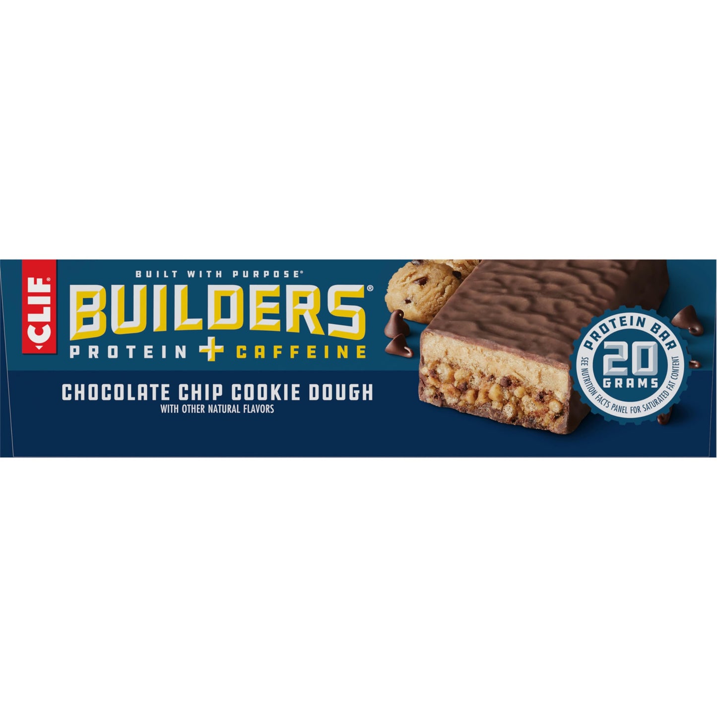 CLIF BUILDERS + Caffeine Protein Bars - Chocolate Chip Cookie Dough Flavor - 20g Plant Based Protein - Gluten Free - Non-GMO - Low Glycemic - No Artificial Sweeteners - 2.4 oz. (12 Pack)