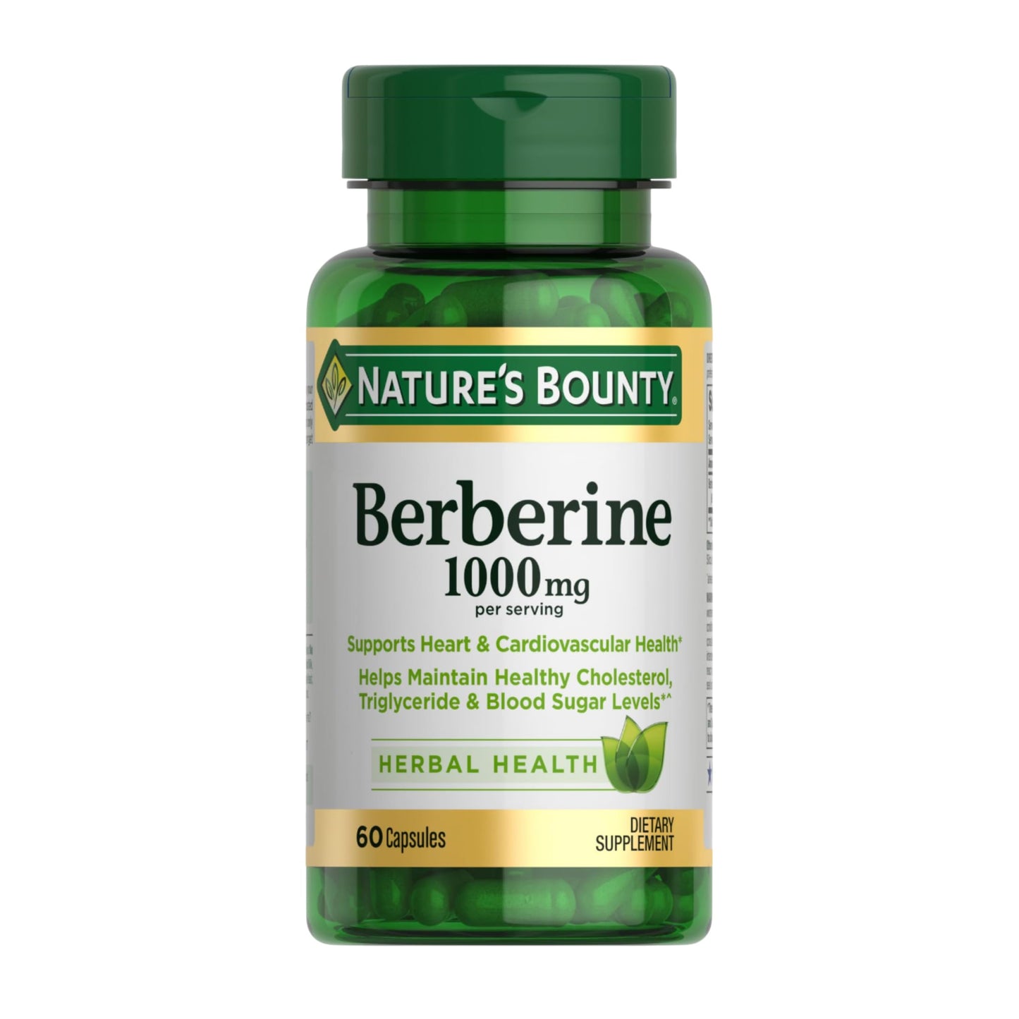 Nature's Bounty Berberine Supplements,1000mg, Berberine Capsules for Blood Sugar Support, Cholesterol & Heart Health, 60 Count