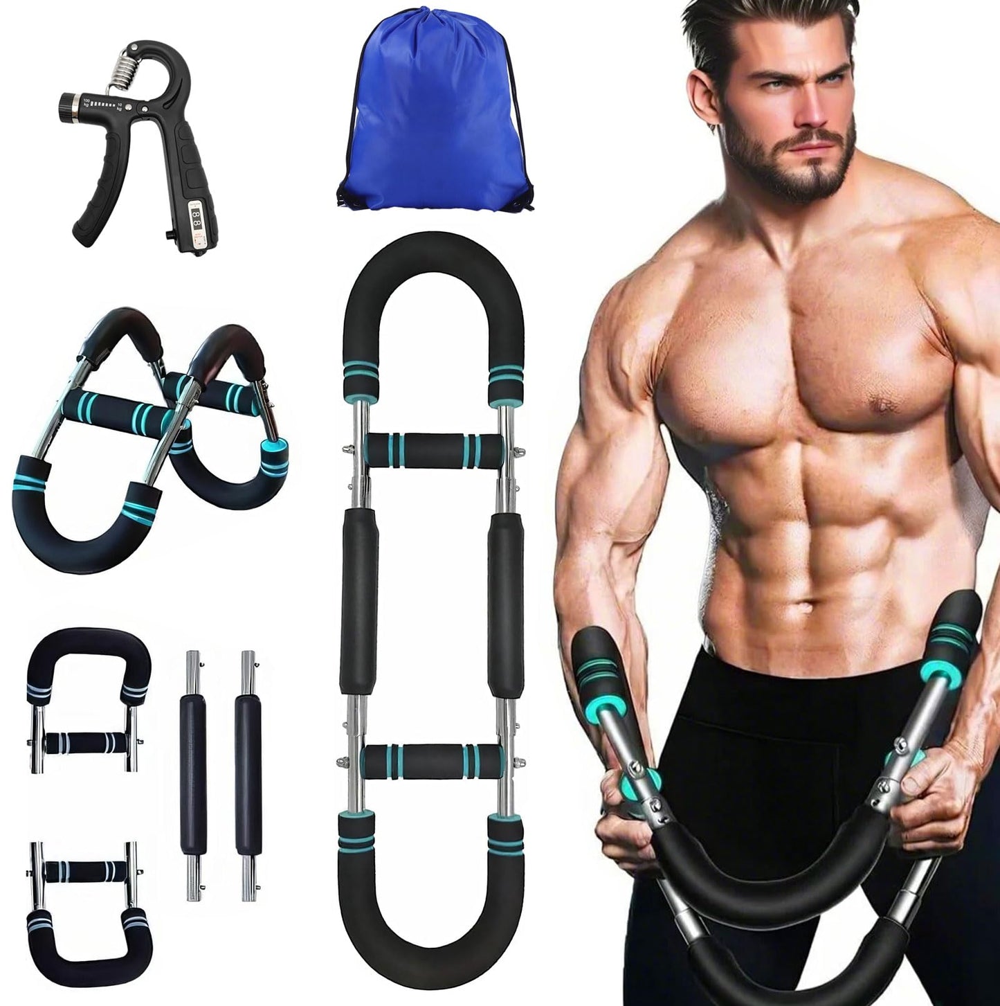 HSEONEJIA Twister Arm Trainer for Men Women, 40-100lb Adjustable Resistance Exercise Chest Expanders Workout Equipment with Hand Grip, Portable Detachable Design Fitness Machine for Home Office (Blue)