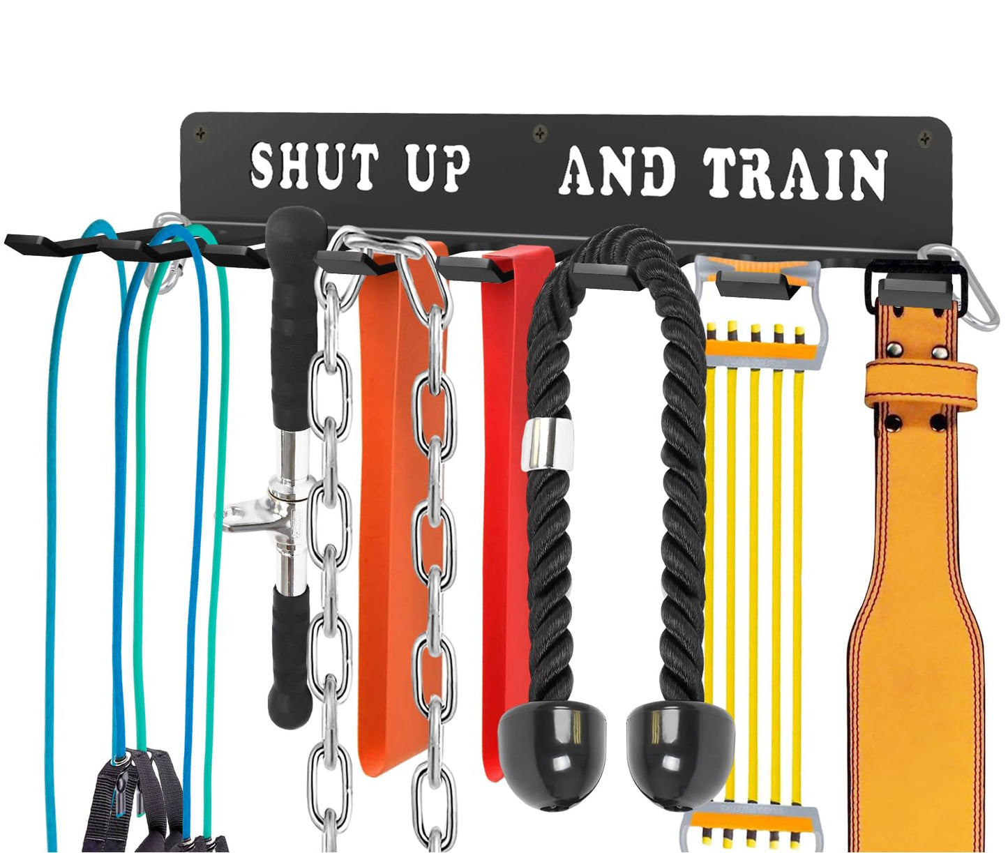 Black Rack 8 Hooks Metal Heavy-gauge Workout Rack Wall Mount Organizer Multi-Purpose Workout Gear Storage for Sports Gears Barbells Lifting Belt Fitness Band Carabiners Included With Uplifting Words