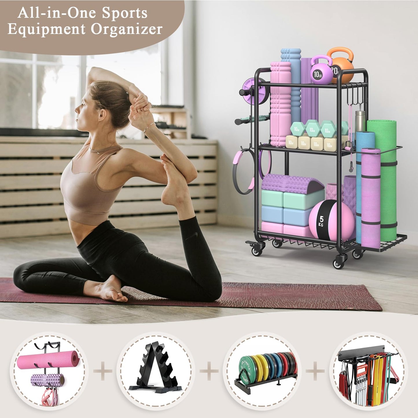Weight Rack for Home Gym, All in One Yoga Mat Storage Rack, Workout Equipment Storage with Wheels and Hooks for Dumbbells Kettlebells Foam Rollers, Powder Coated (Black)
