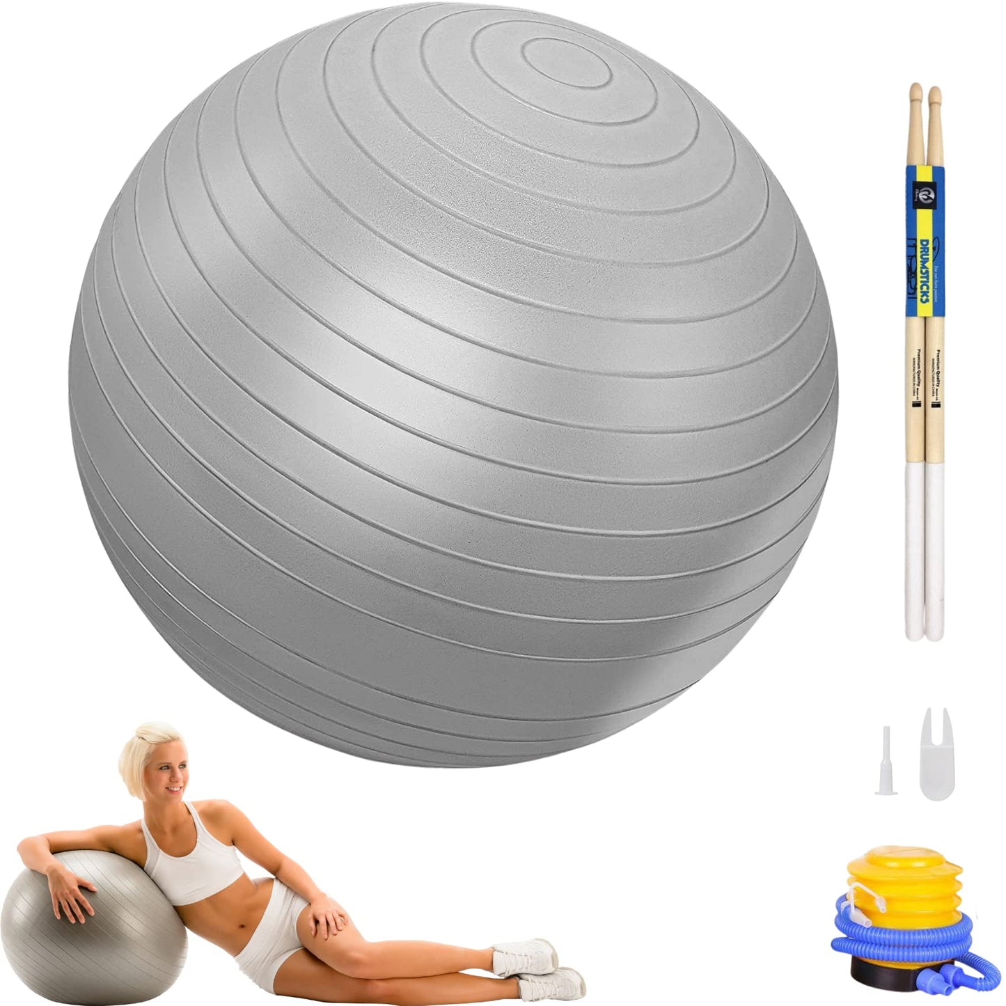 Atarvana Cardio Drumming Equipment Set, Extra Thick Yoga Ball with Pump & 3.2oz Cardio Drumming Sticks with Grips, Aerobic Exercise Ball Drumsticks Workout Set for Stability, Rhythm, Gymnastics