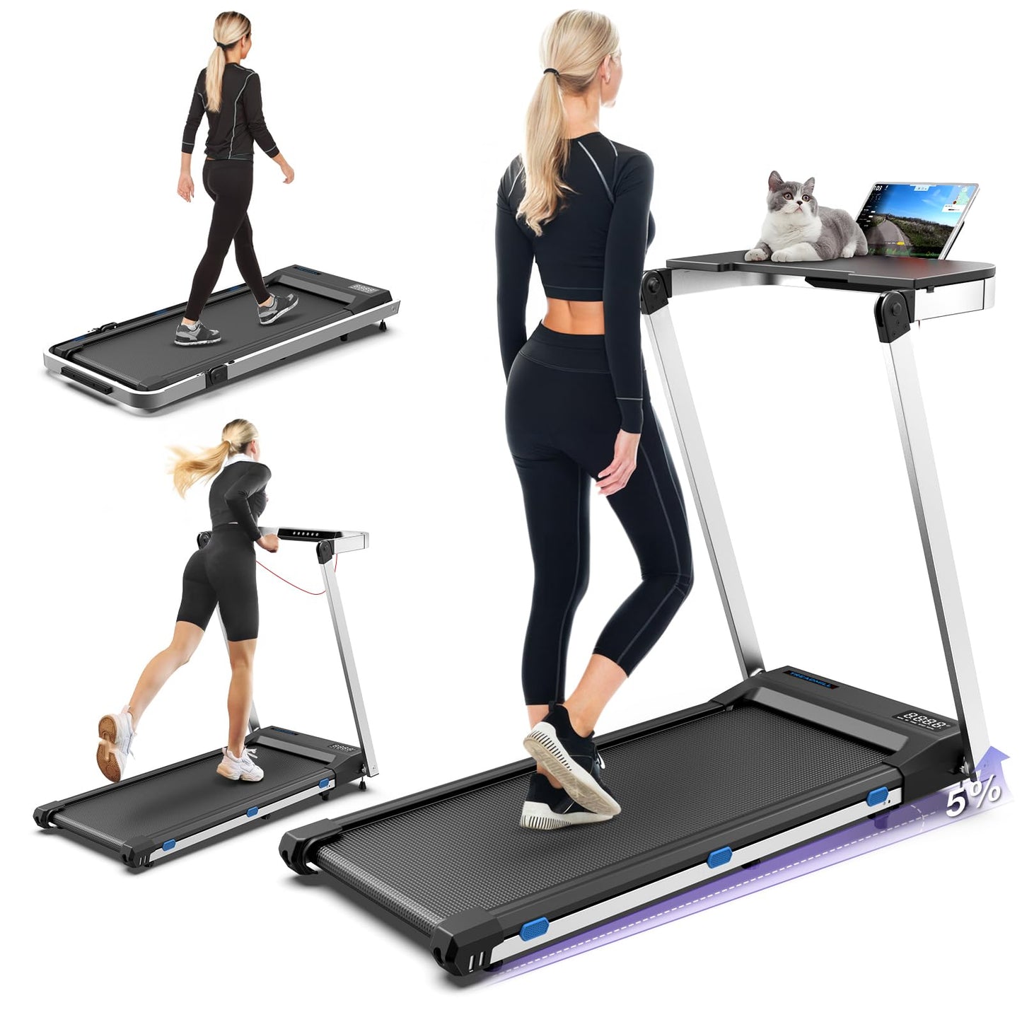 Cardirun 3 in 1 Foldable Treadmill with Desk Workstation - 3.0HP & 350 lb Capacity, Under Desk Treadmill with Incline for Home Small, Smart Voice Control & App & Remote Control, 2s Folding