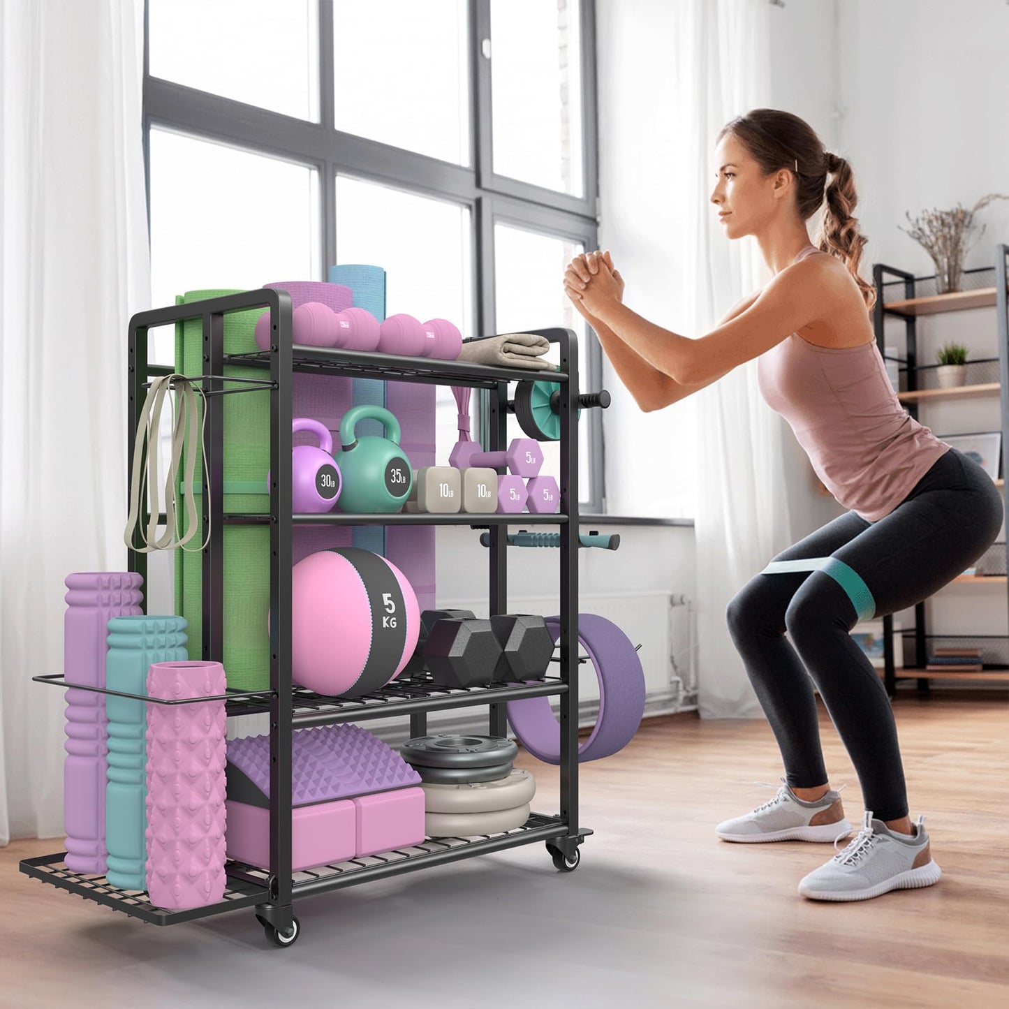 4-Tier Dumbbell Rack Stand Only, Adjustable Weight Rack for Dumbbells Kettlebells Yoga Mat, Home Gym Storage Rack with Wheels and Hooks, Powder Coated Finish (Large)