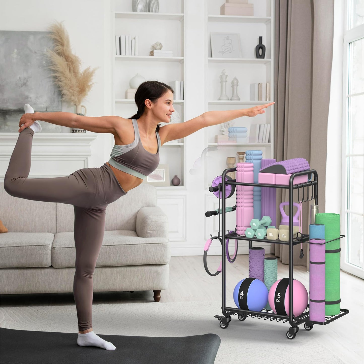 Weight Rack for Home Gym, All in One Yoga Mat Storage Rack, Workout Equipment Storage with Wheels and Hooks for Dumbbells Kettlebells Foam Rollers, Powder Coated (Black)