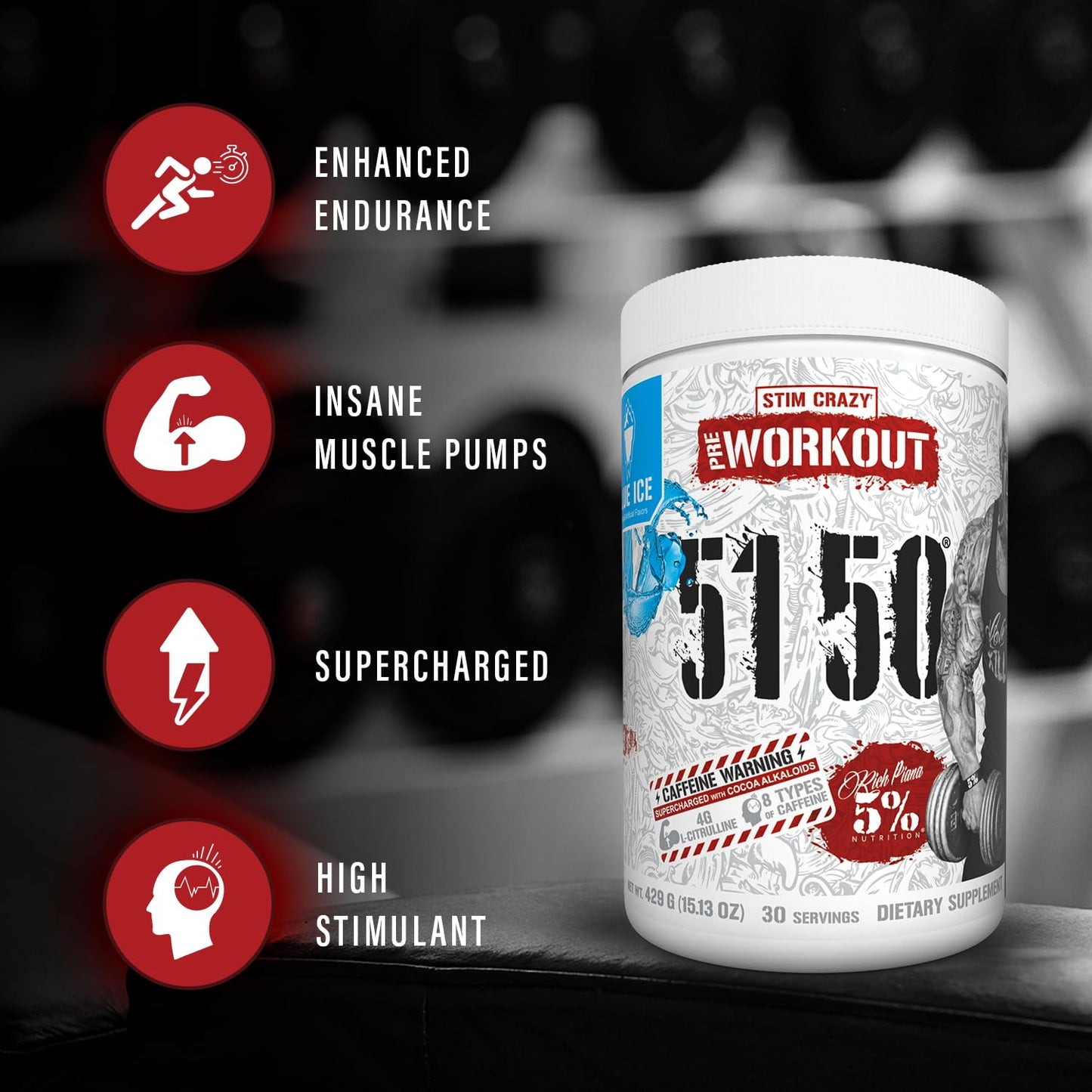 5% Nutrition Rich Piana 5150 High Stim Pre-Workout Powder | Extreme Energy, Focus, Pumps & Endurance | 400 mg Caffeine, Citrulline, Beta Alanine, N-Acetyl L-Tyrosine | 30 Srvgs (Pink Lemonade)