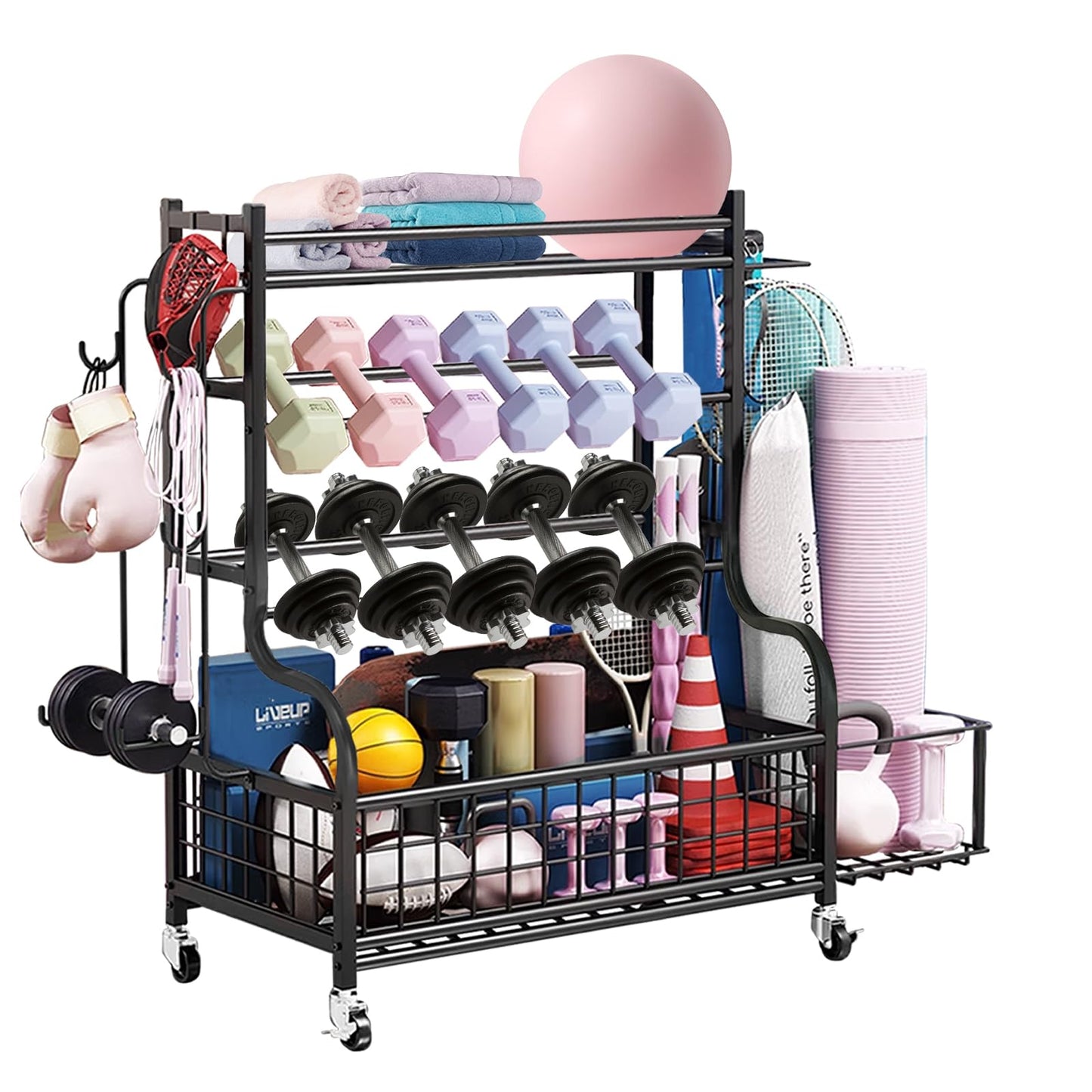Hiee Dumbbell Rack, Weight Rack for Kettlebells, Heavy-Duty Home Gym Storage Rack for Yoga Mat and Workout Equipment, Storage Holder with Wheels and Hooks (320lb)