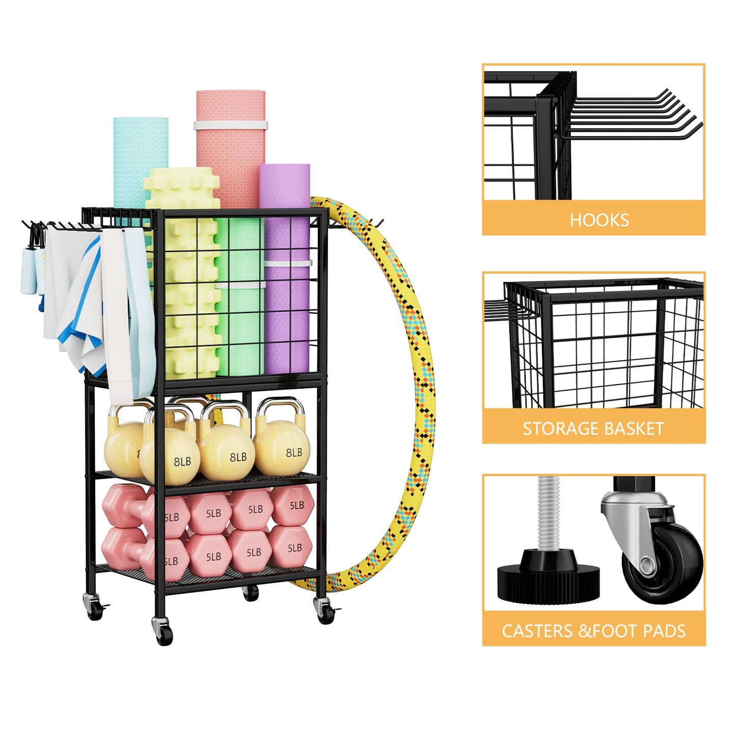 Dumbbell Rack for Home Weight Rack for Home Gym Yoga Mat Storage Rack Black Workout Equipment Storage Organizer with Hooks Yoga Mat Holder with Wheels for Yoga Block, Dumbbell, Resistance Band