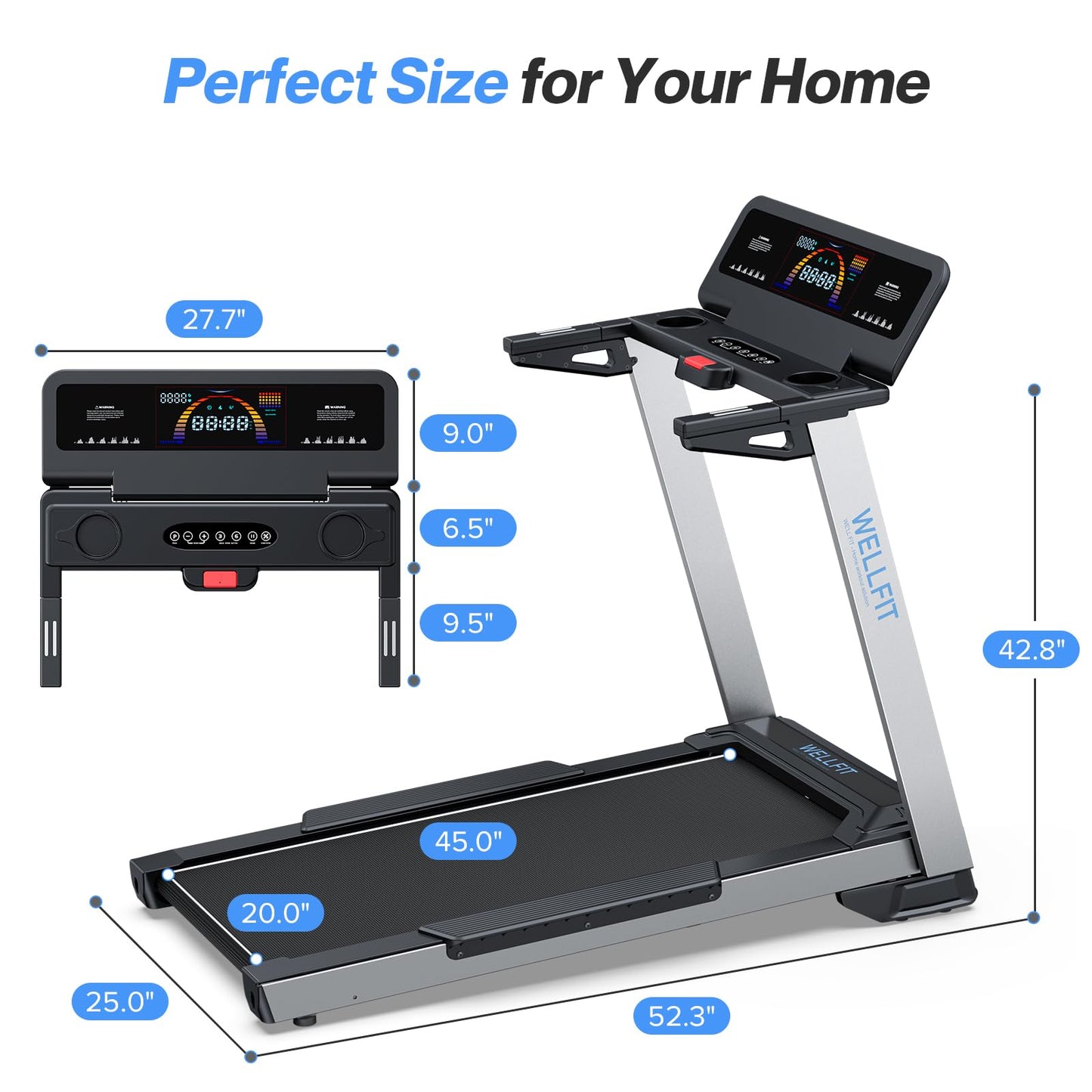 WELLFIT Home Treadmill, 2 Level Incline Heavyduty Treadmill with Pulse Sensor, 4.0 HP, 10 MPH, 450 lbs Capacity, 20'' x 45'' Running Area Treadmills with Bluetooth Player & LED Display