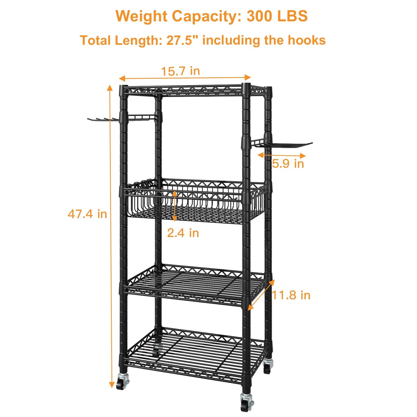FUTASSI S1 Home Gym Storage, 3-Tier Workout Equipment Organizer with Wheels for Yoga Mats, Foam Roller, Dumbbells, Kettlebells, and Resistance Bands, 47.4" H x 27.5" L x 11.8" D, Black