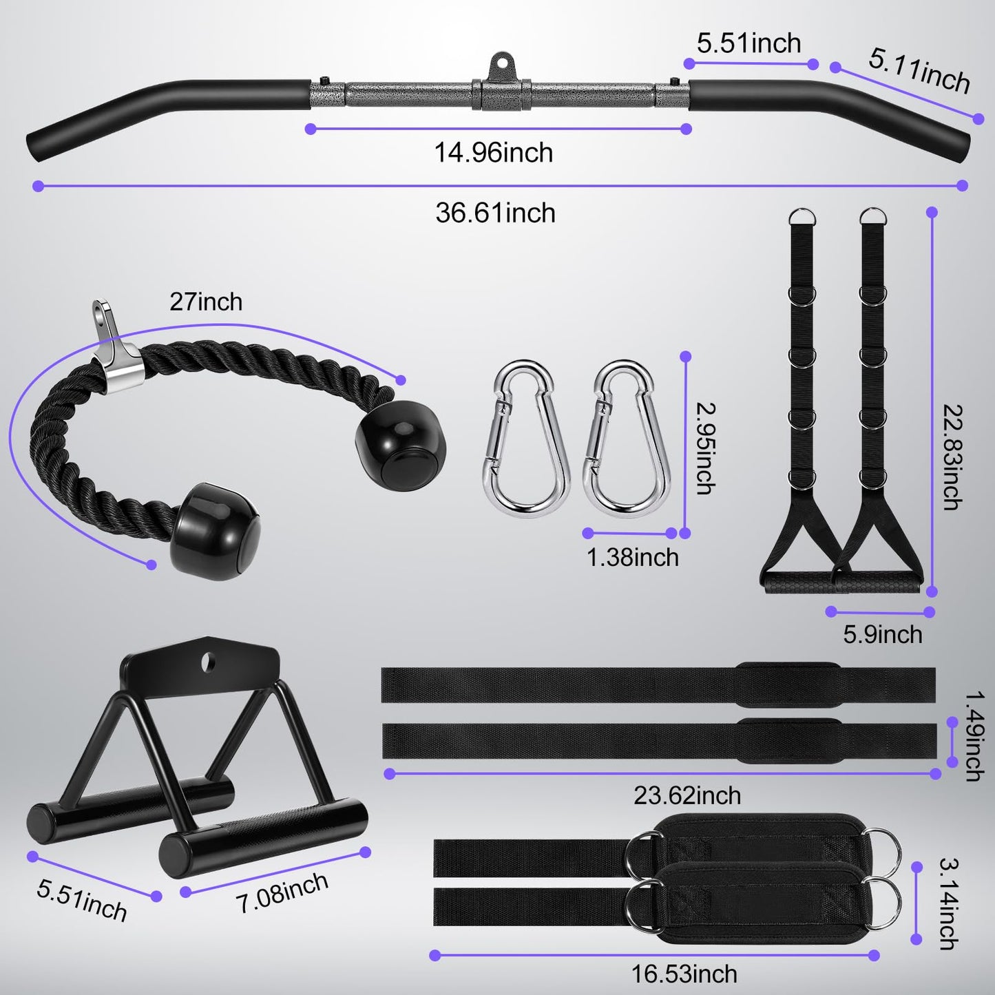 Turakun Cable Machine Attachments Set: 6 Pack LAT Pulldown Attachments Bar for Home Gym Accessories Tricep Rope Double D Handles